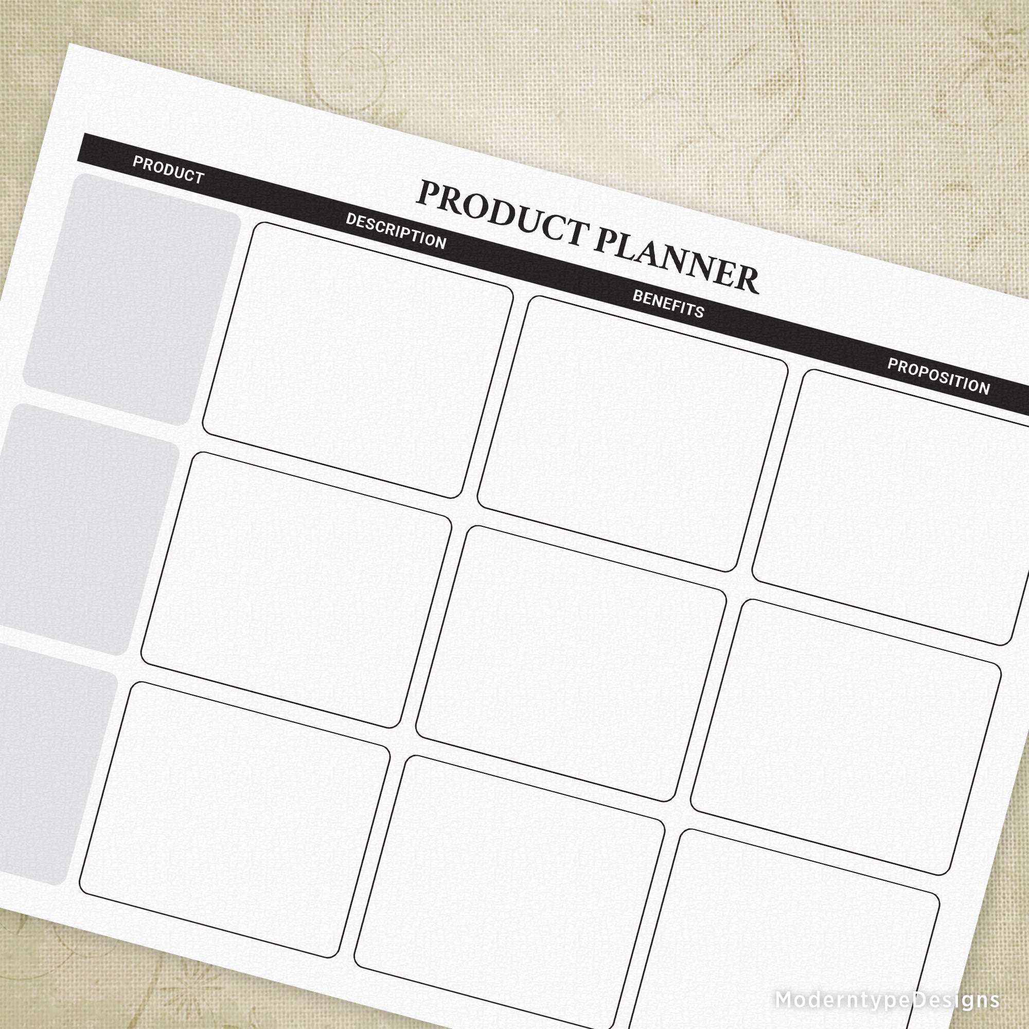 A printable product planner with empty boxes and space for product details, description, benefits, and proposition.