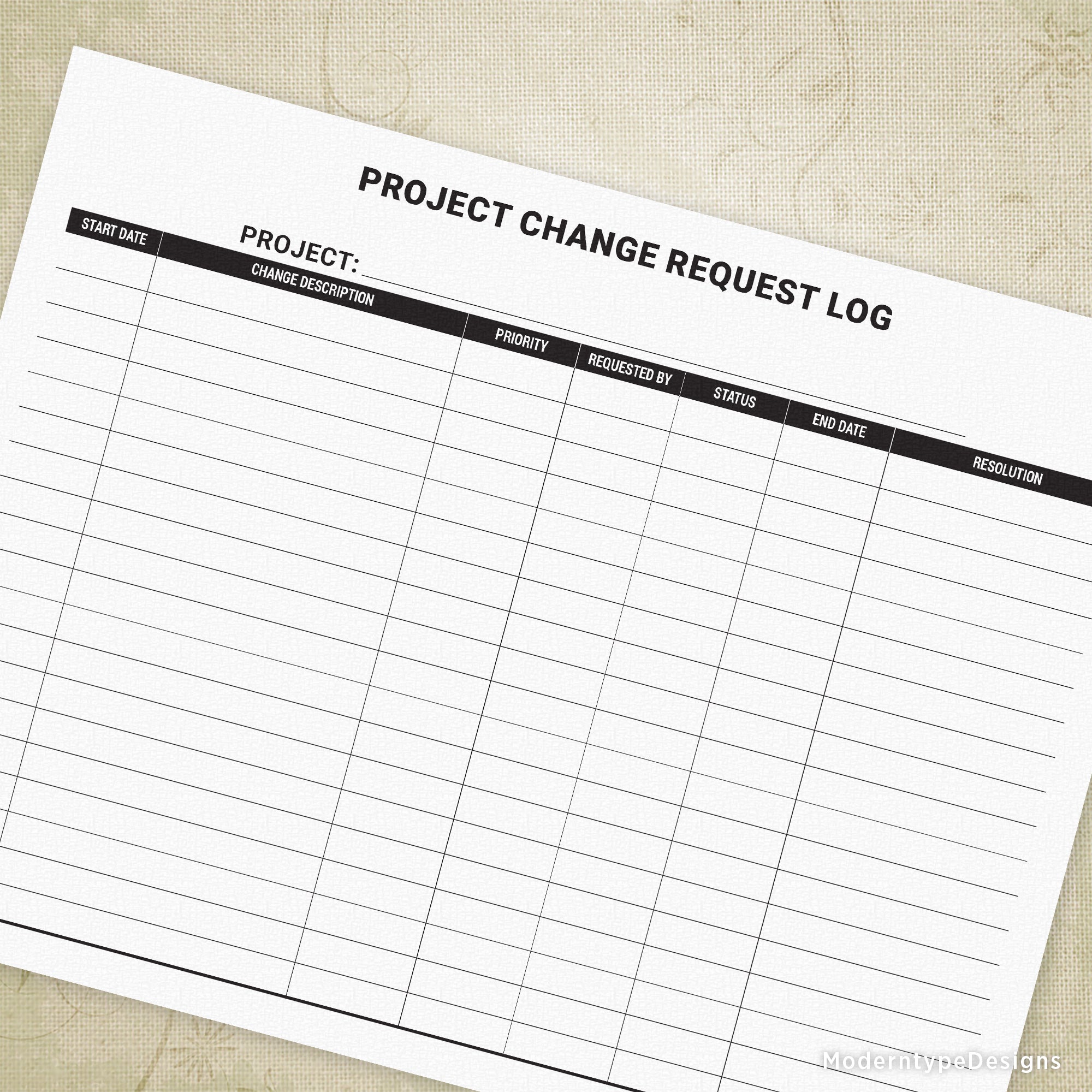 Document the changes you and your team are making with this Project Request Change Log Printable PDF. Columns include lines for Start Date, Change Description, Priority, Requested By, Status, End Date, and Resolution.