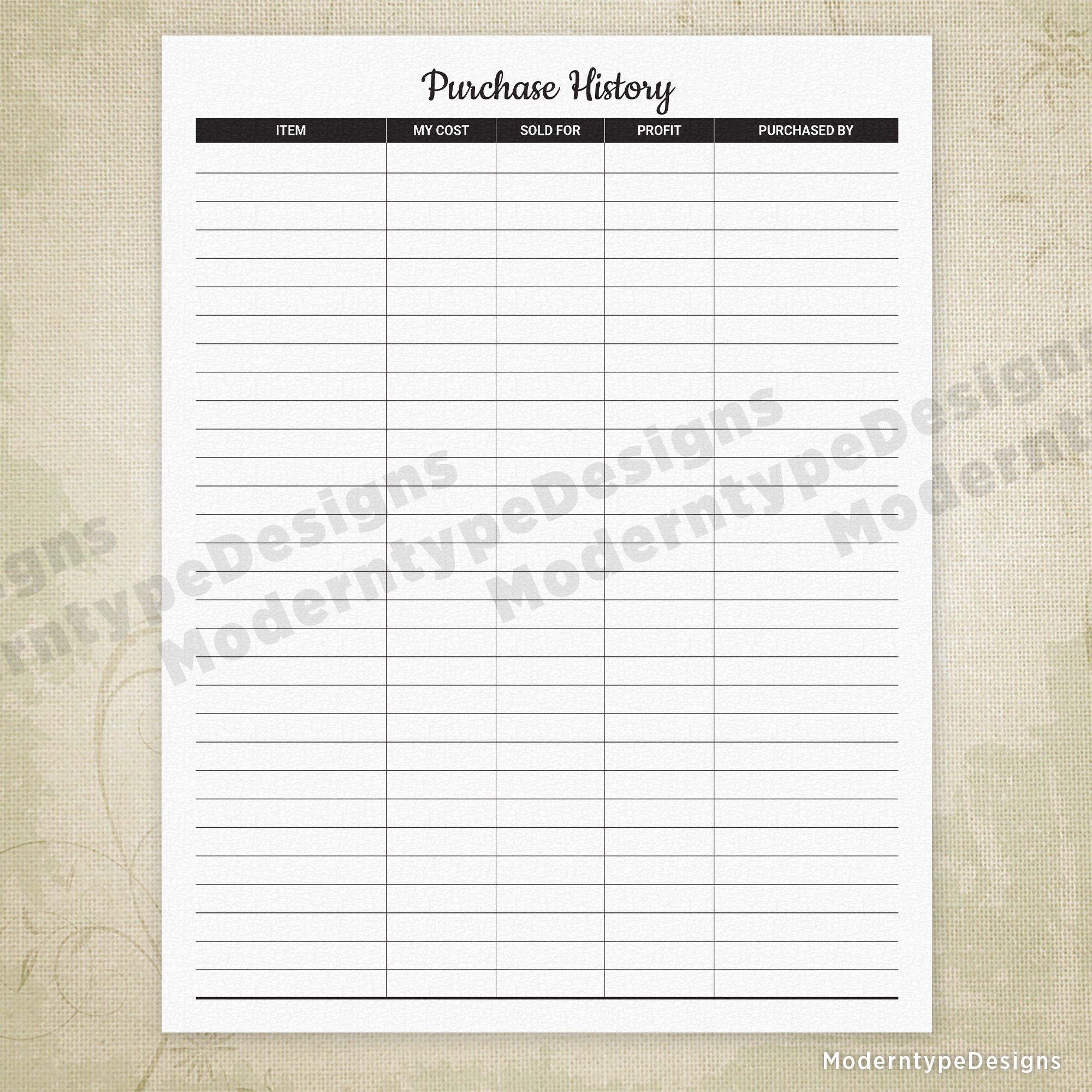 Purchase History Printable