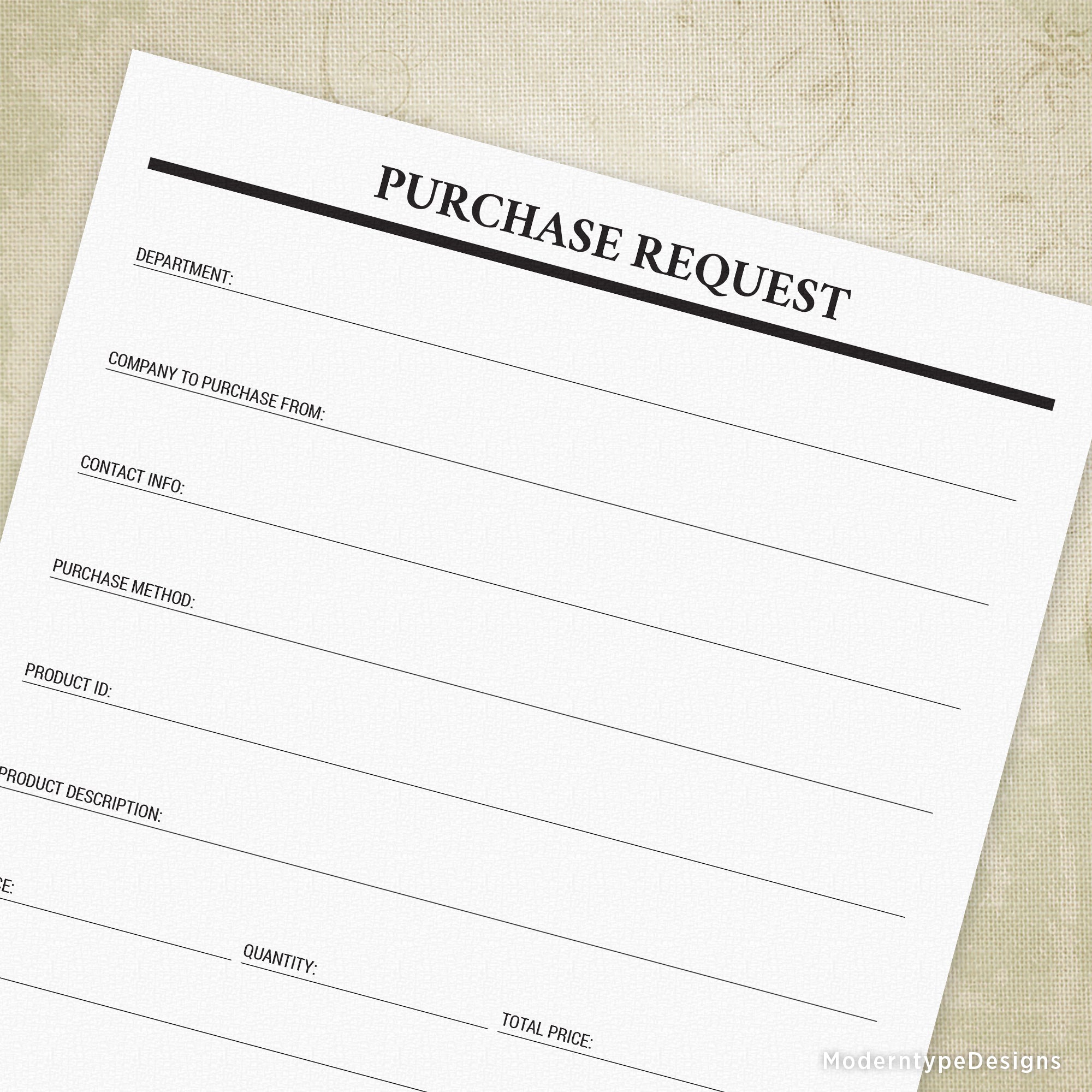 A printable purchase request form with fields for name, department, contact information, product details, quantity, and total price.