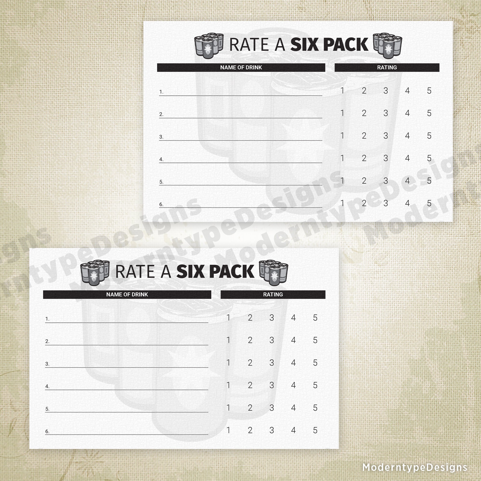Rate a Six Pack Printable, 6 Different Beers, 8.5 x 5.5"