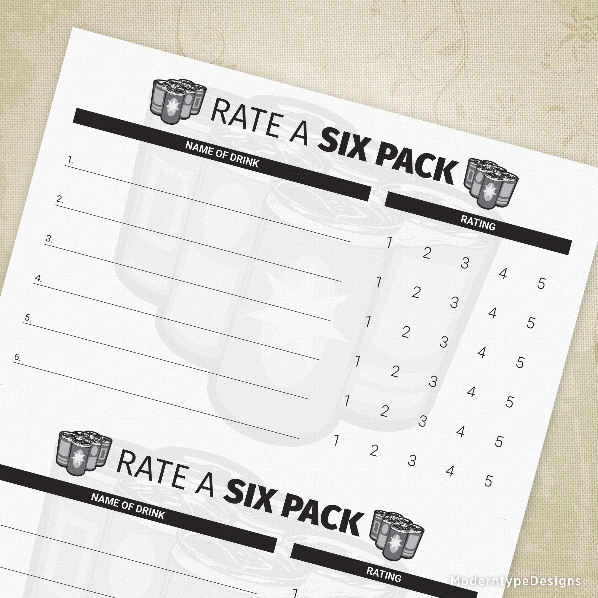 A printable 'Rate a Six Pack' sheet with space for rating six drinks, featuring a title and a graphic of beer cans.