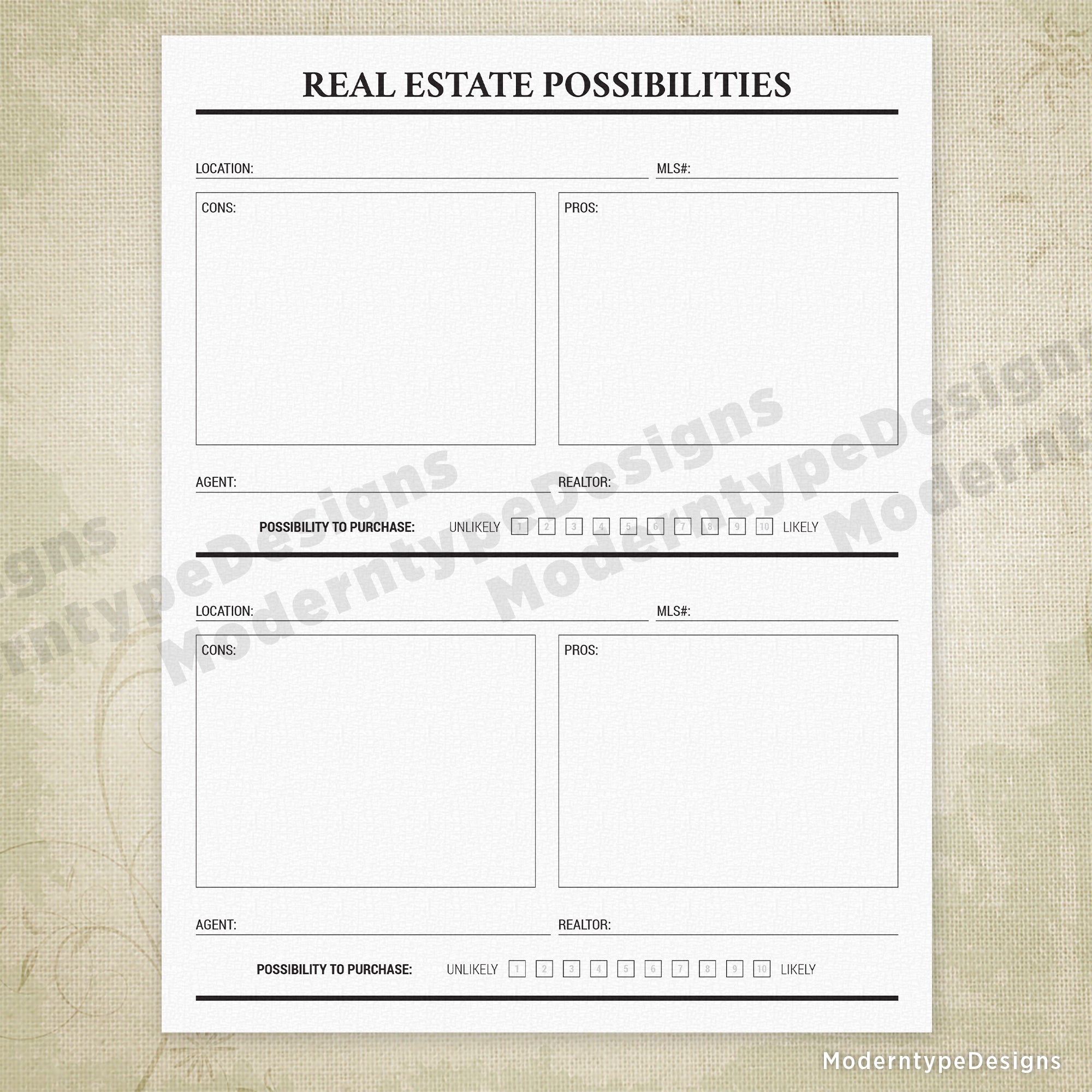 Real Estate Possibilities Printable