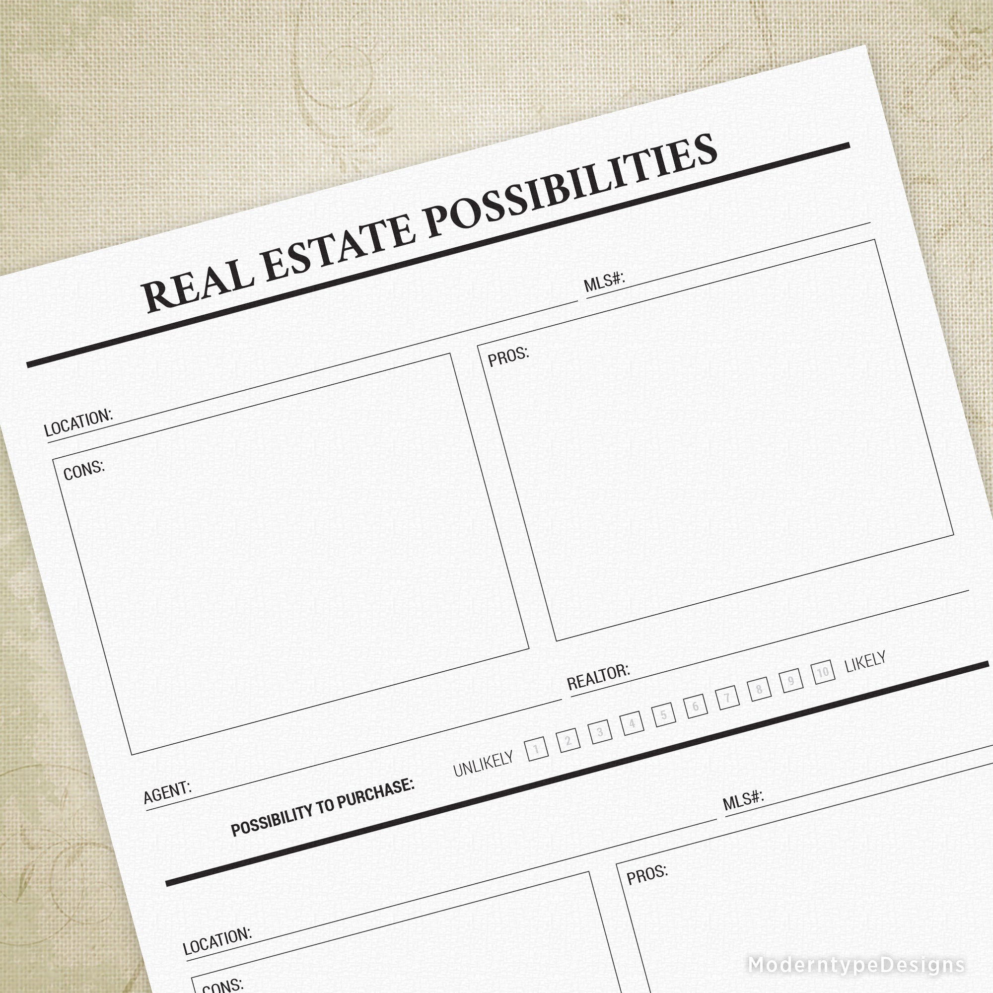 A printable real estate possibilities PDF form with sections for writing in two locations, pros and cons, and a rating scale for purchasing.