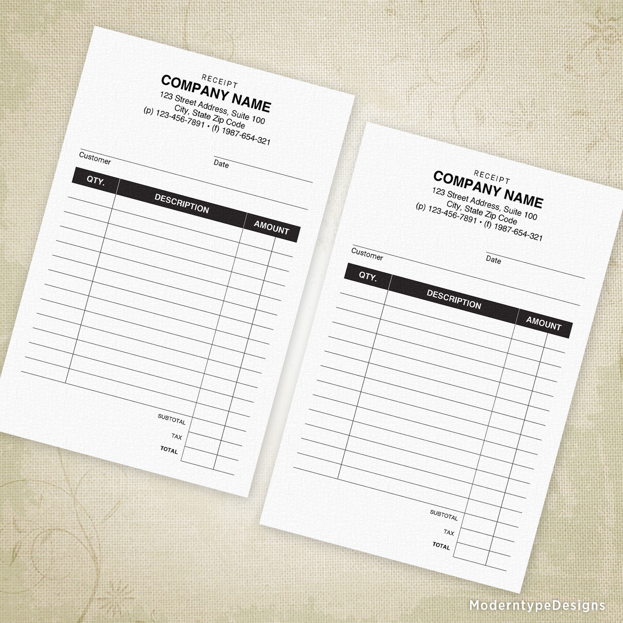 Receipt Printable, 5.5 x 8.5, Half Sheet, Personalized
