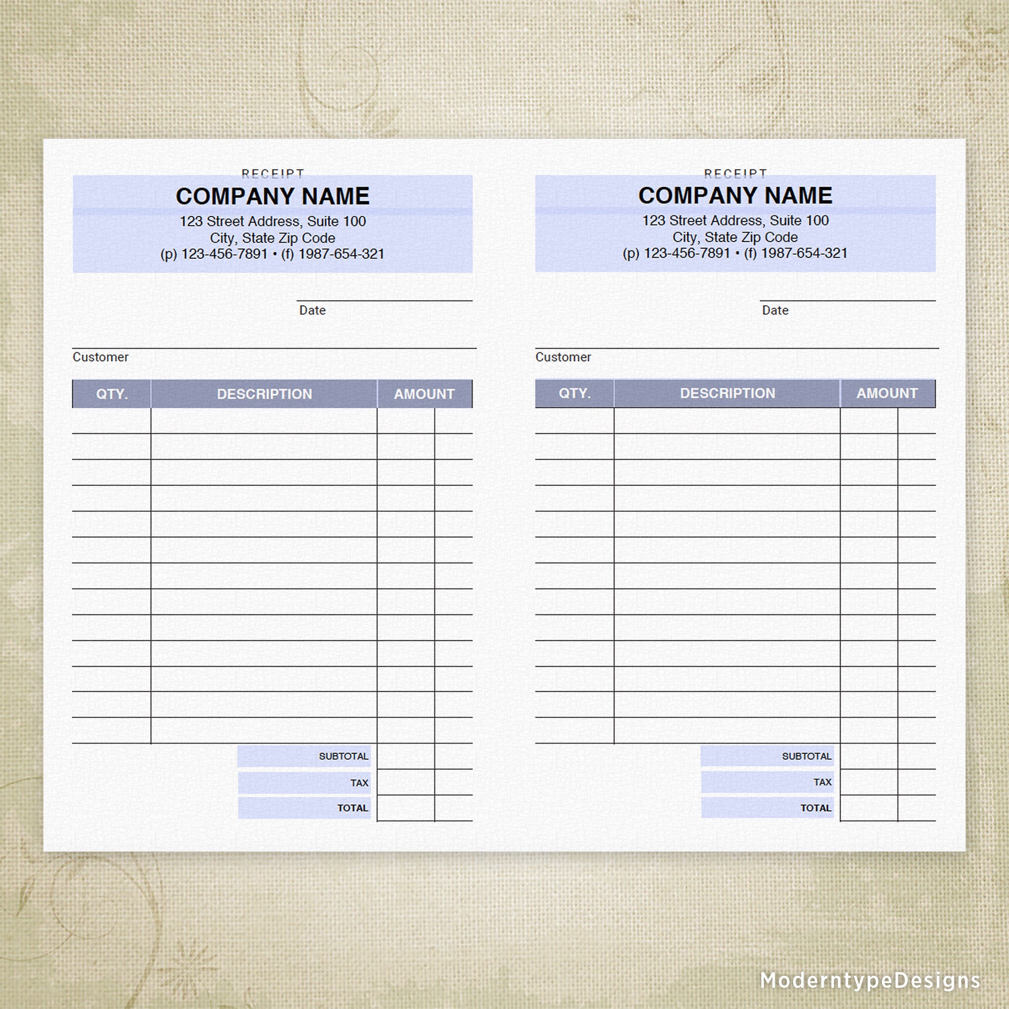 Receipt Printable, 5.5 x 8.5, Half Sheet, Personalized