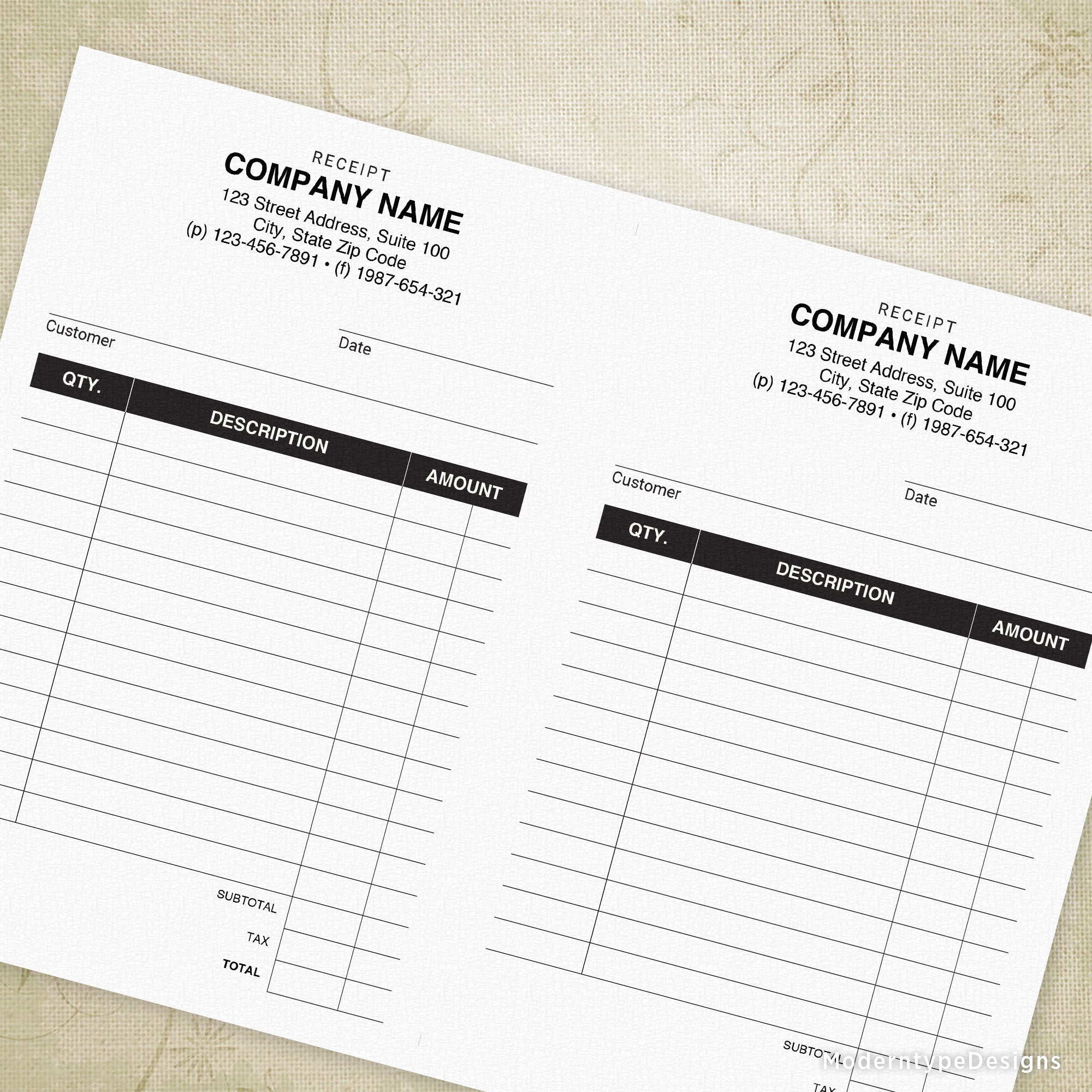 This is a printable Receipt template with editable fields. This PDF is fantastic for customizing your very own Receipt with your specific company's information.