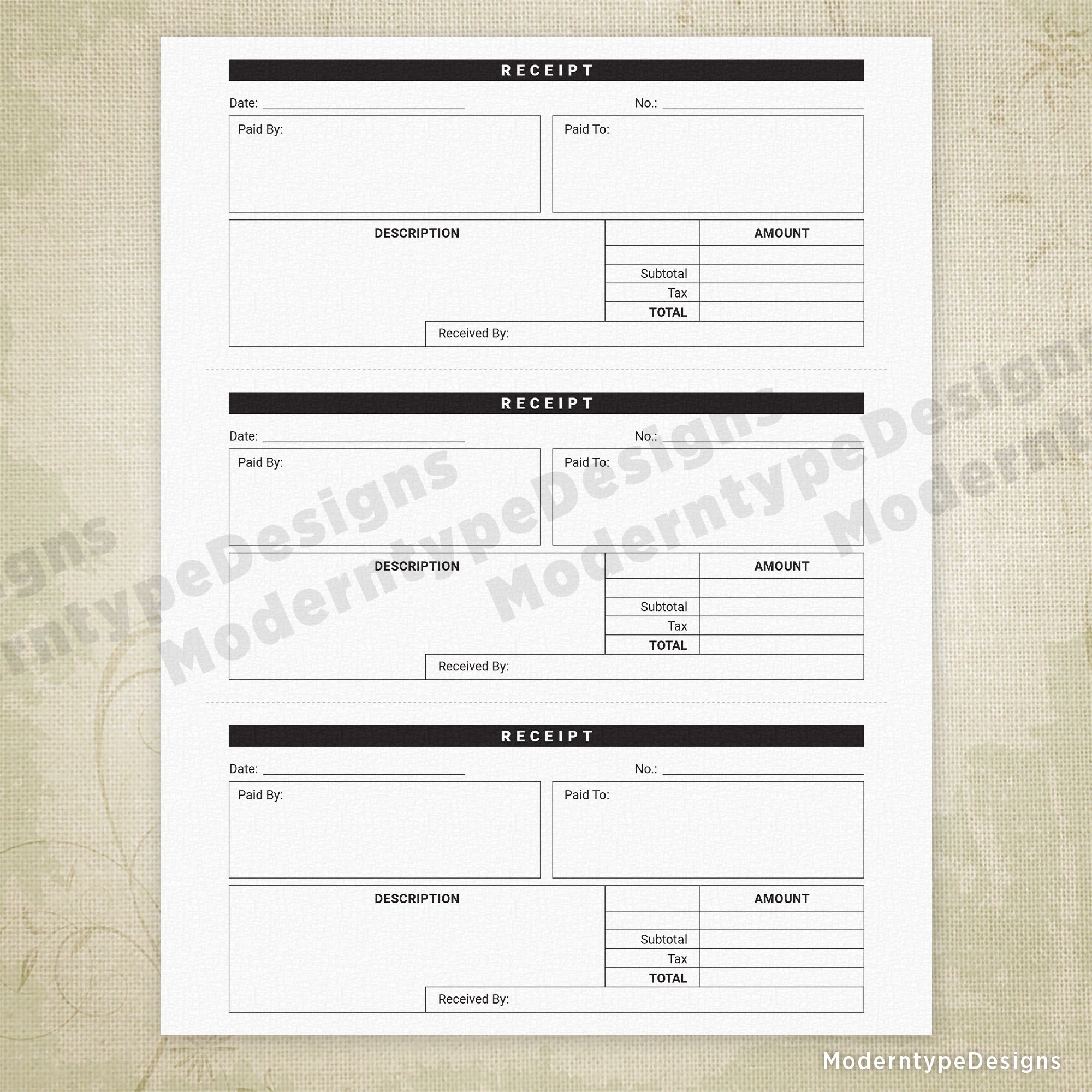 Three Receipts On One Sheet Printable