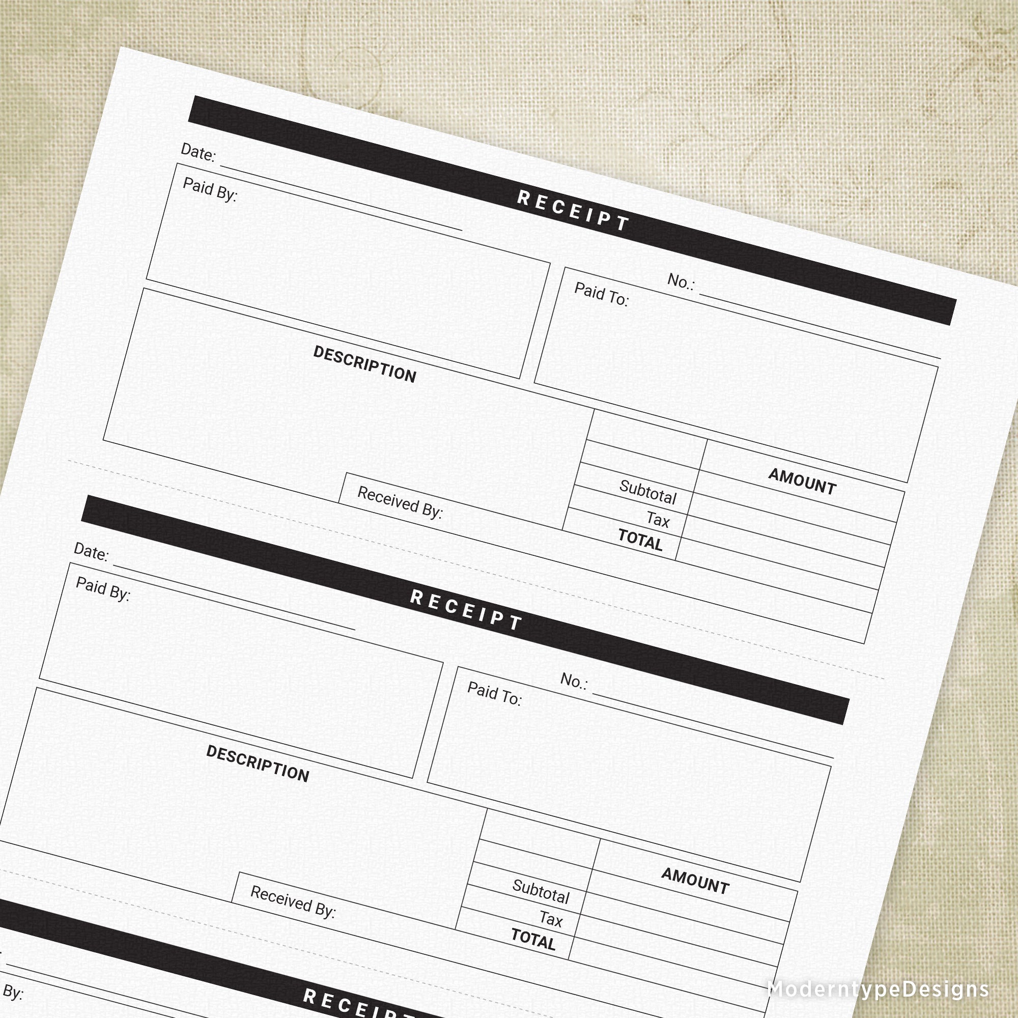 A printable receipt template with three sections for recording date, paid by, and total amount, with dotted lines for cutting.