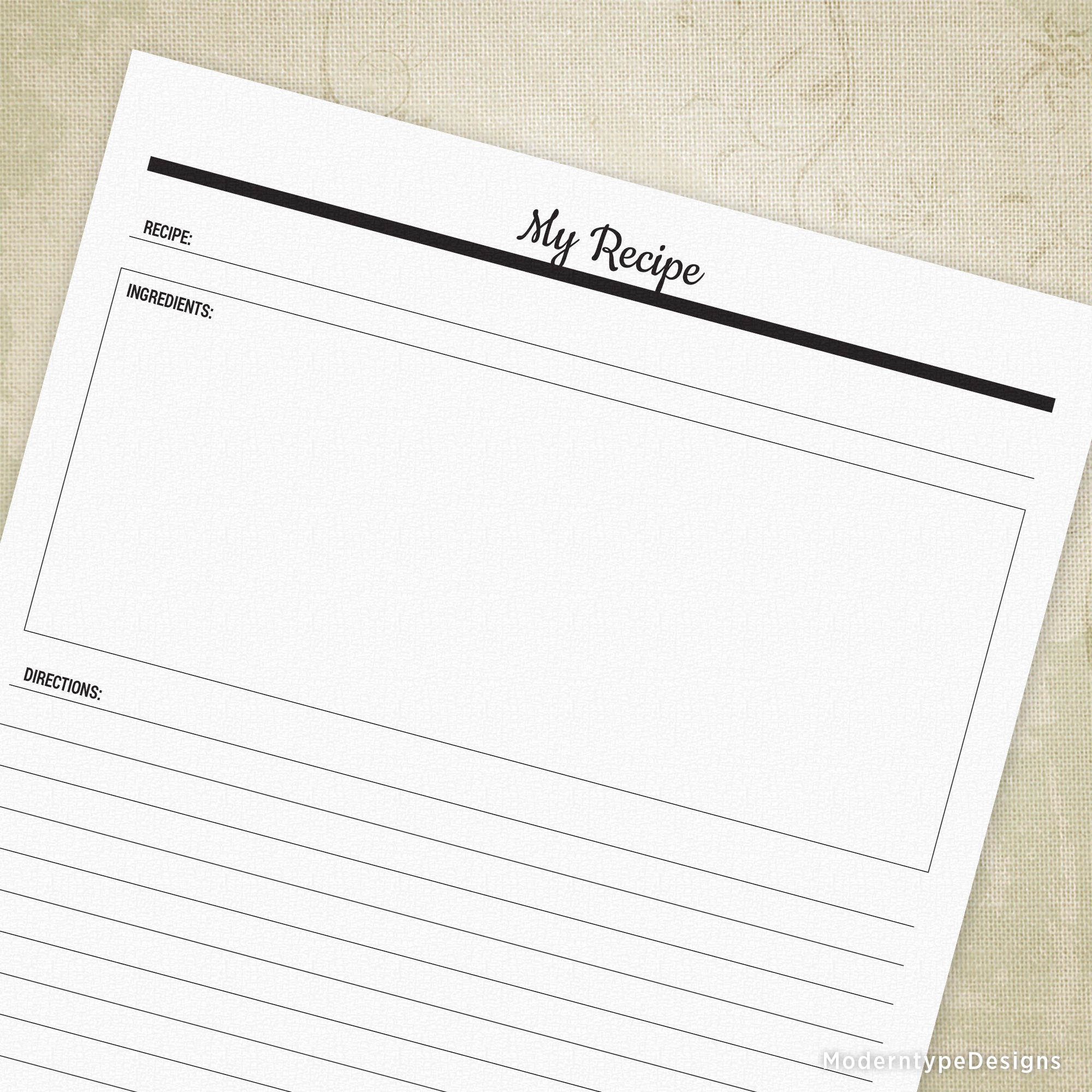 This is a PDF Food Recipe Printable Form. We don't always have time to keep an electronic log of all of our favorite recipes, print this out and document your recipes on paper. Print more for future recipes! Write your recipe at the top, followed by ingredients, directions then total times. There is also room for your preferred choice of binding on either side.