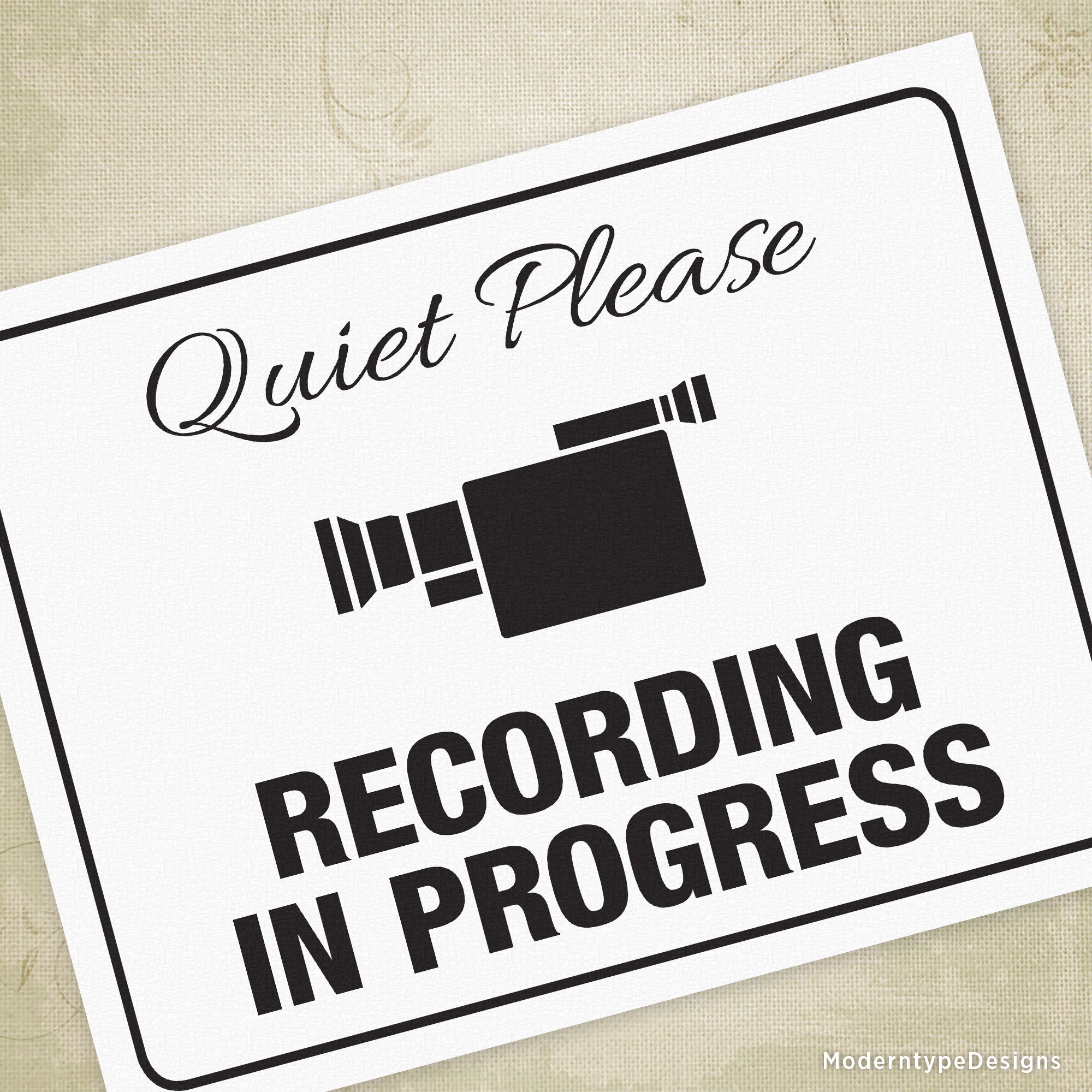 Making a recording and need some quiet? This is a black and white PDF Quiet Please - Recording in Progress printable sign.