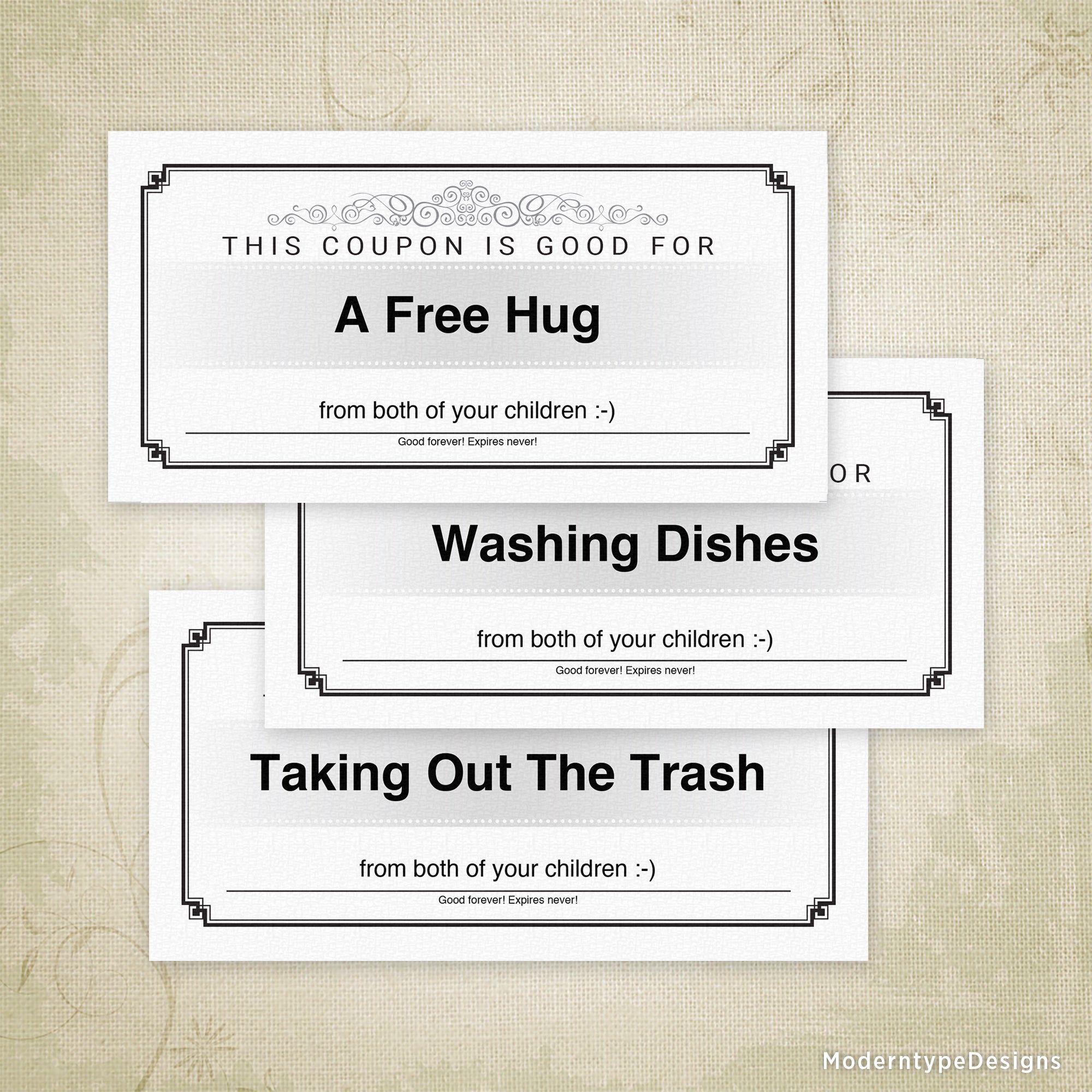 This is a printable Gift Coupon PDF template with editable fields for making your own love coupons. Need a last-minute gift? These coupons are great for Mother's Day, Father's Day, birthdays, and anniversaries. Customize each coupon with your special activity and name and print them in a flash!