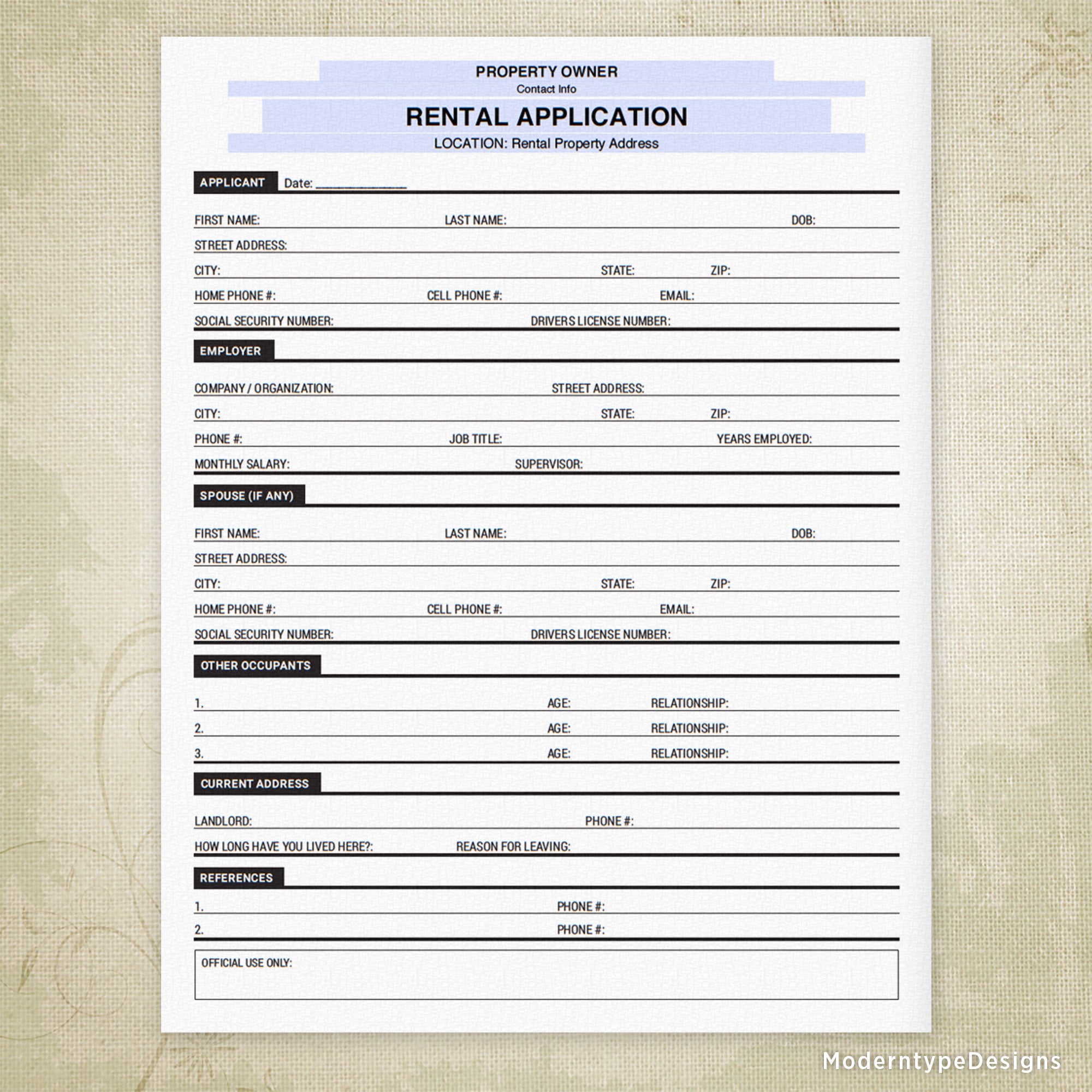 Rental Property Application Printable, Personalized