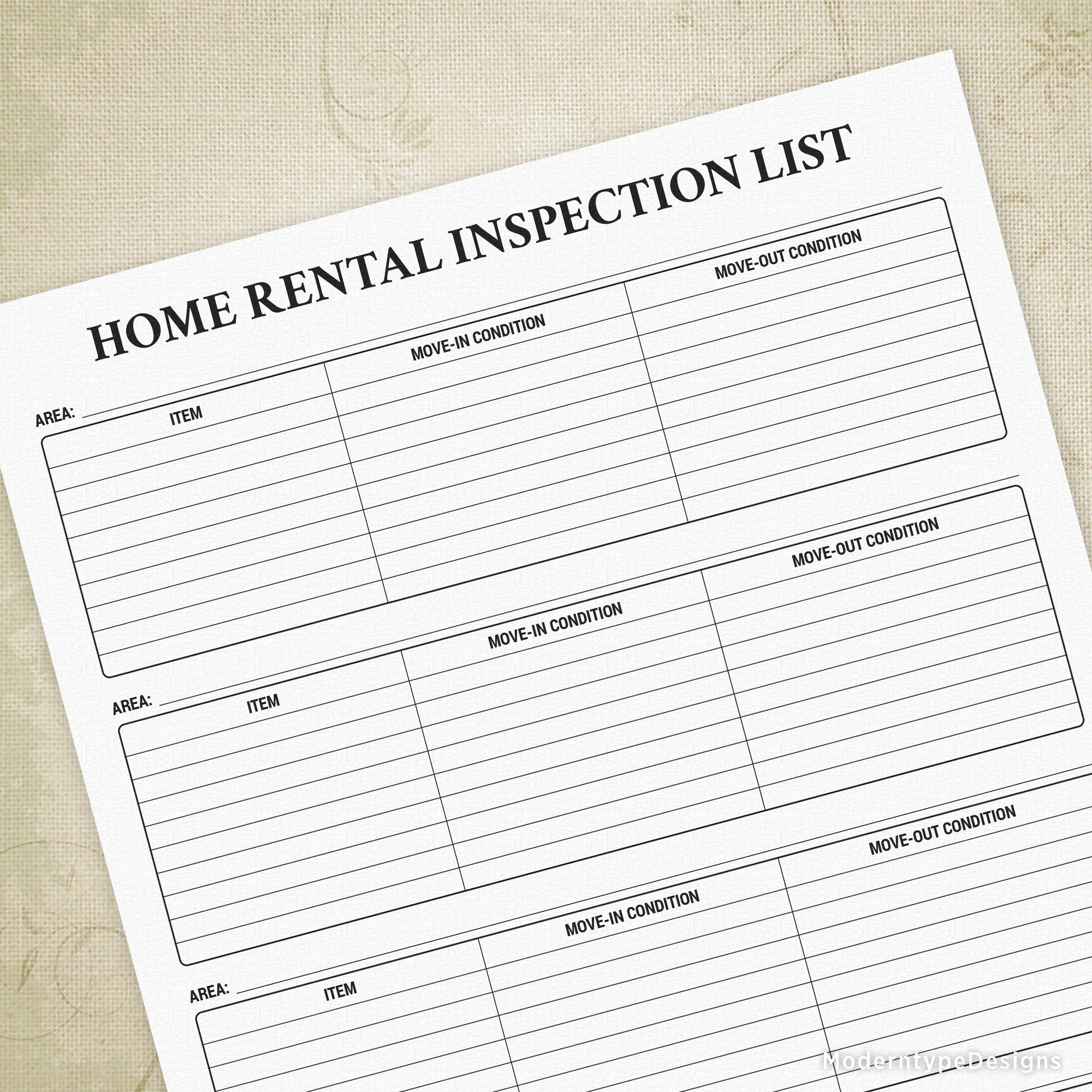 A printable Home Rental Inspection List with sections for move-in and move-out dates, and areas to note down the condition of the rental property.