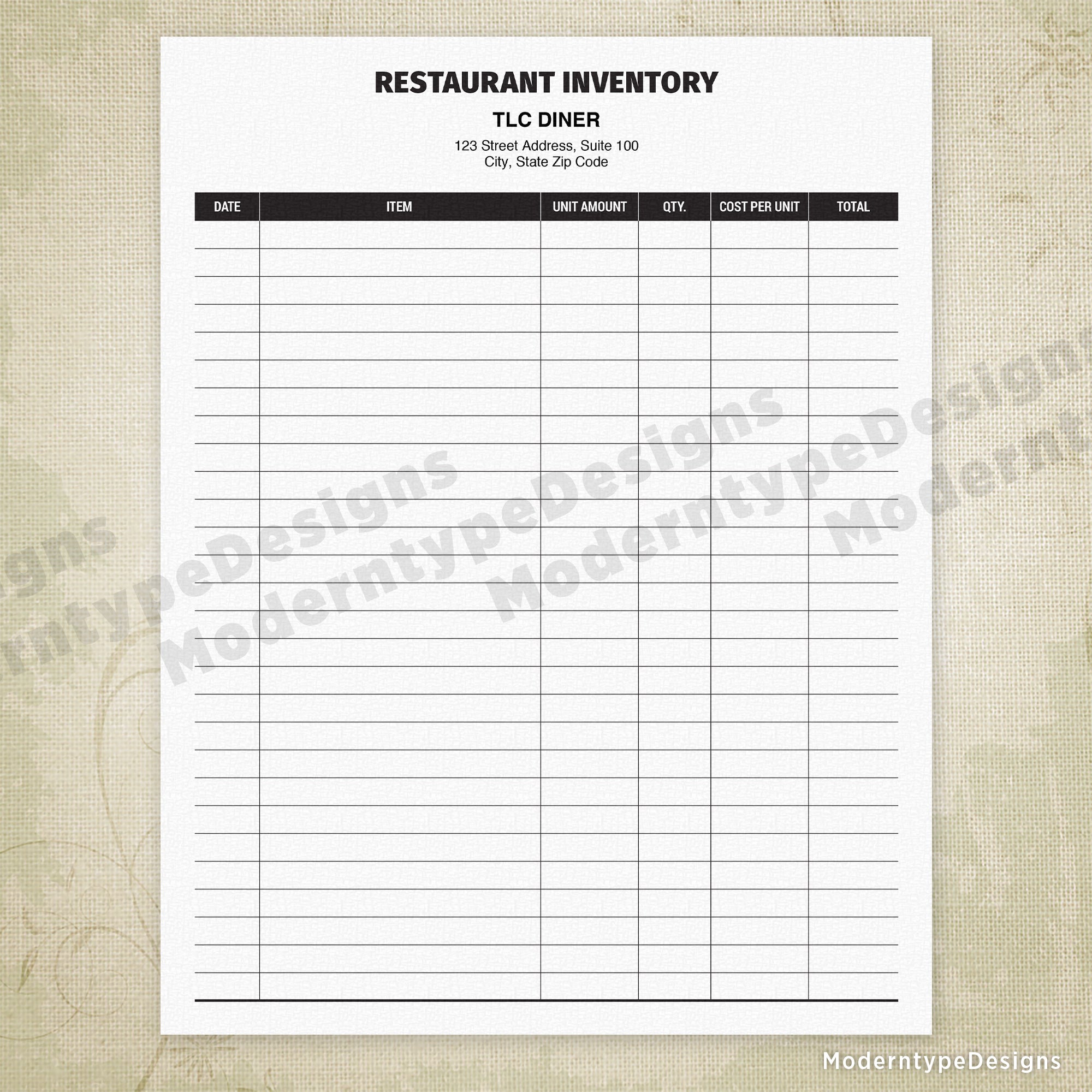 Restaurant Inventory Printable, Personalized