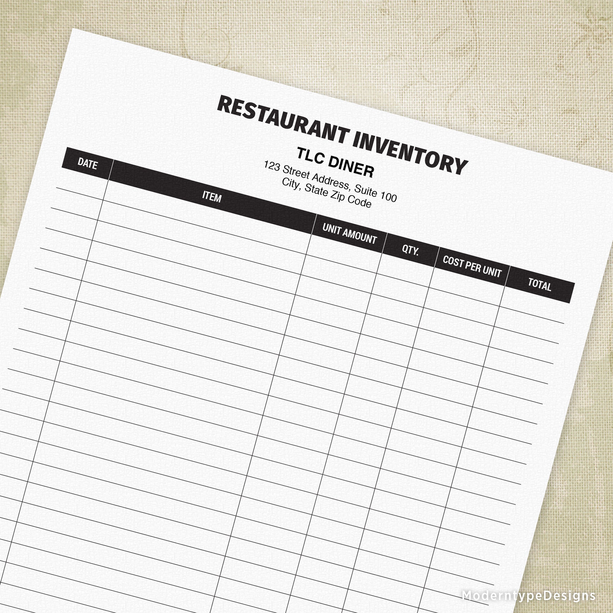 This is a Restaurant Inventory Printable Form with 2 editable fields to customize with your restaurant's name and contact info. All remaining lines will need to be handwritten in.