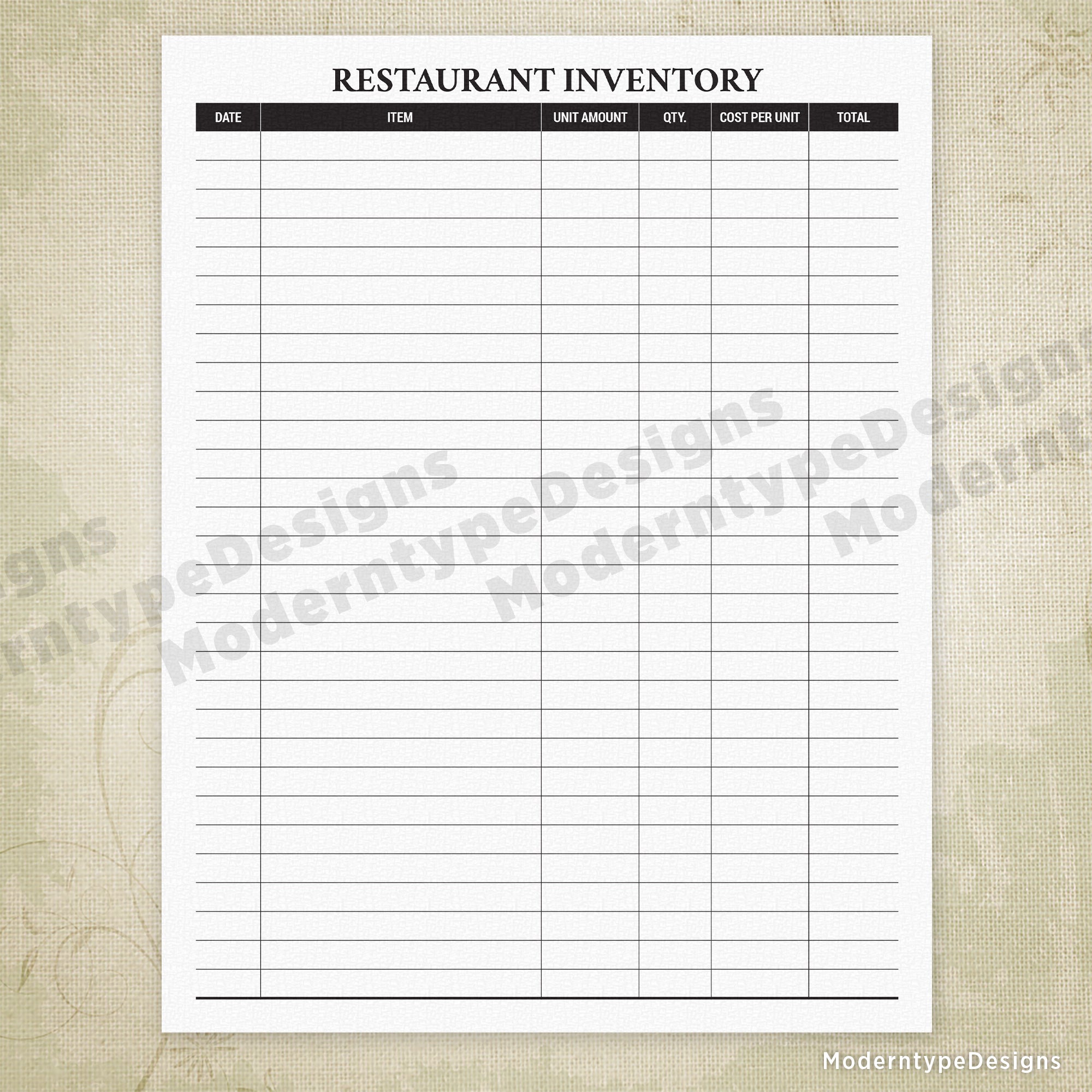Restaurant Inventory Printable