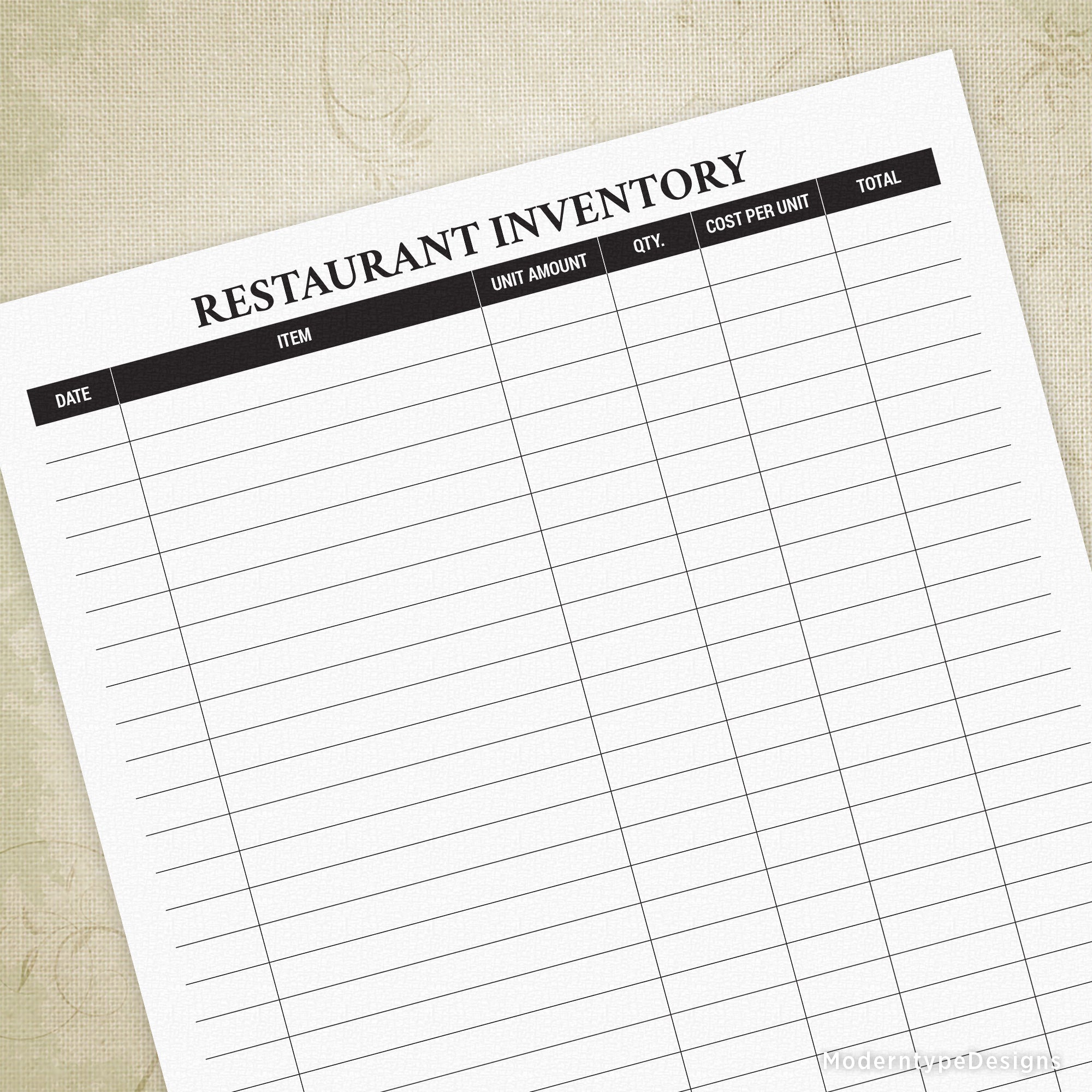 A printable restaurant inventory form with sections for item name, description, quantity, cost, and total costs.