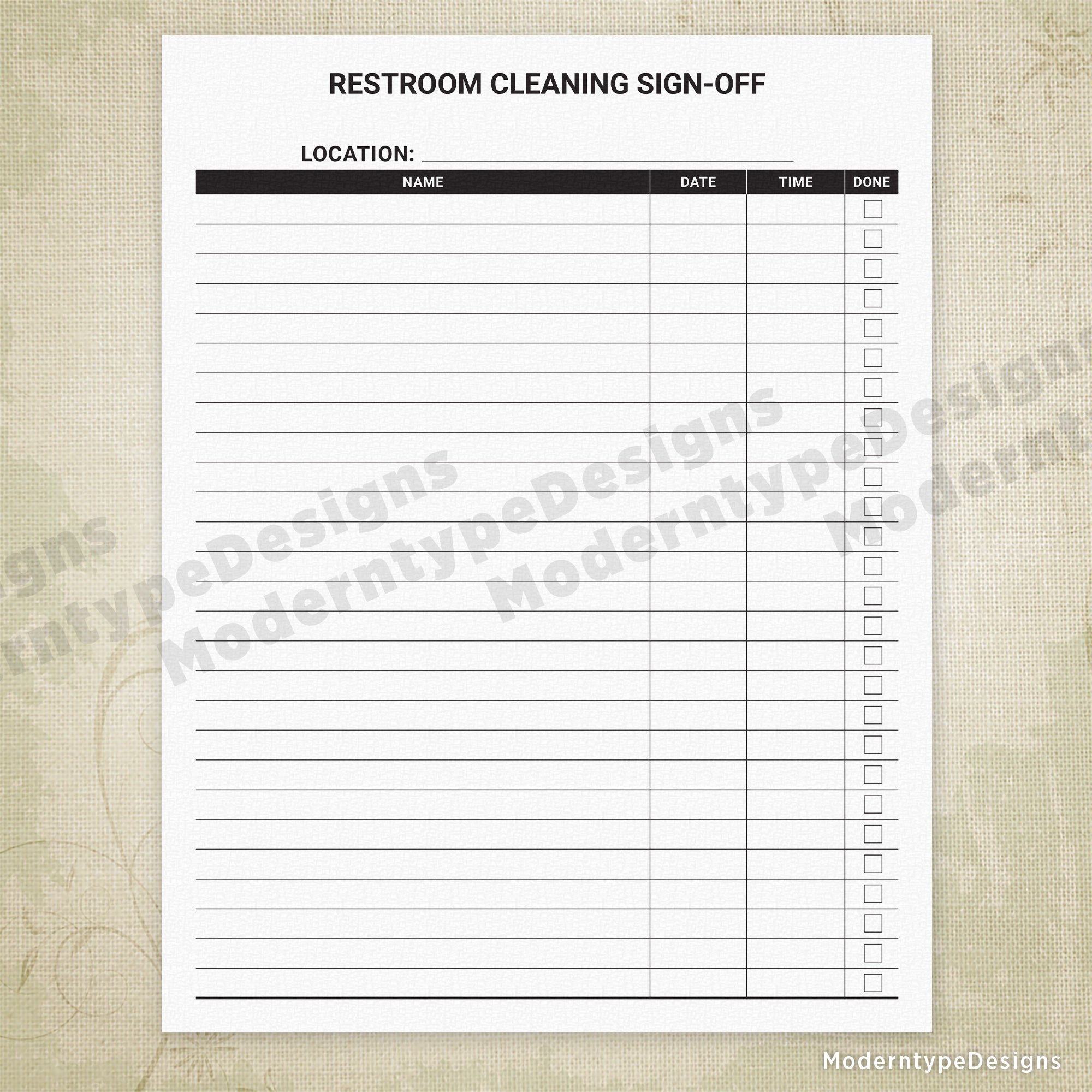 Restroom Cleaning Sign-off Sheet Printable