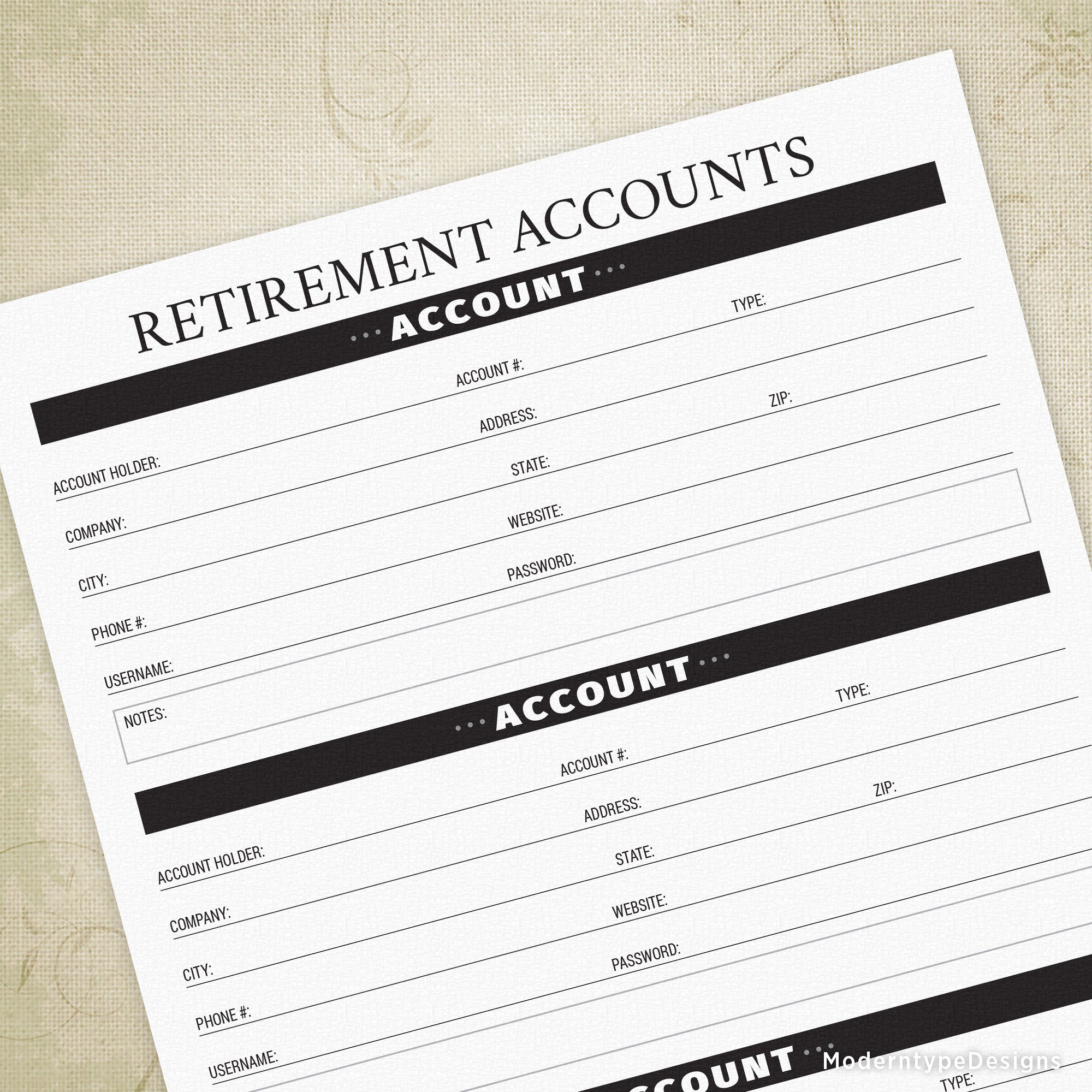 A printable retirement accounts form with sections for account name, account type, account number, and other details, along with a total of $ sign for tracking savings.