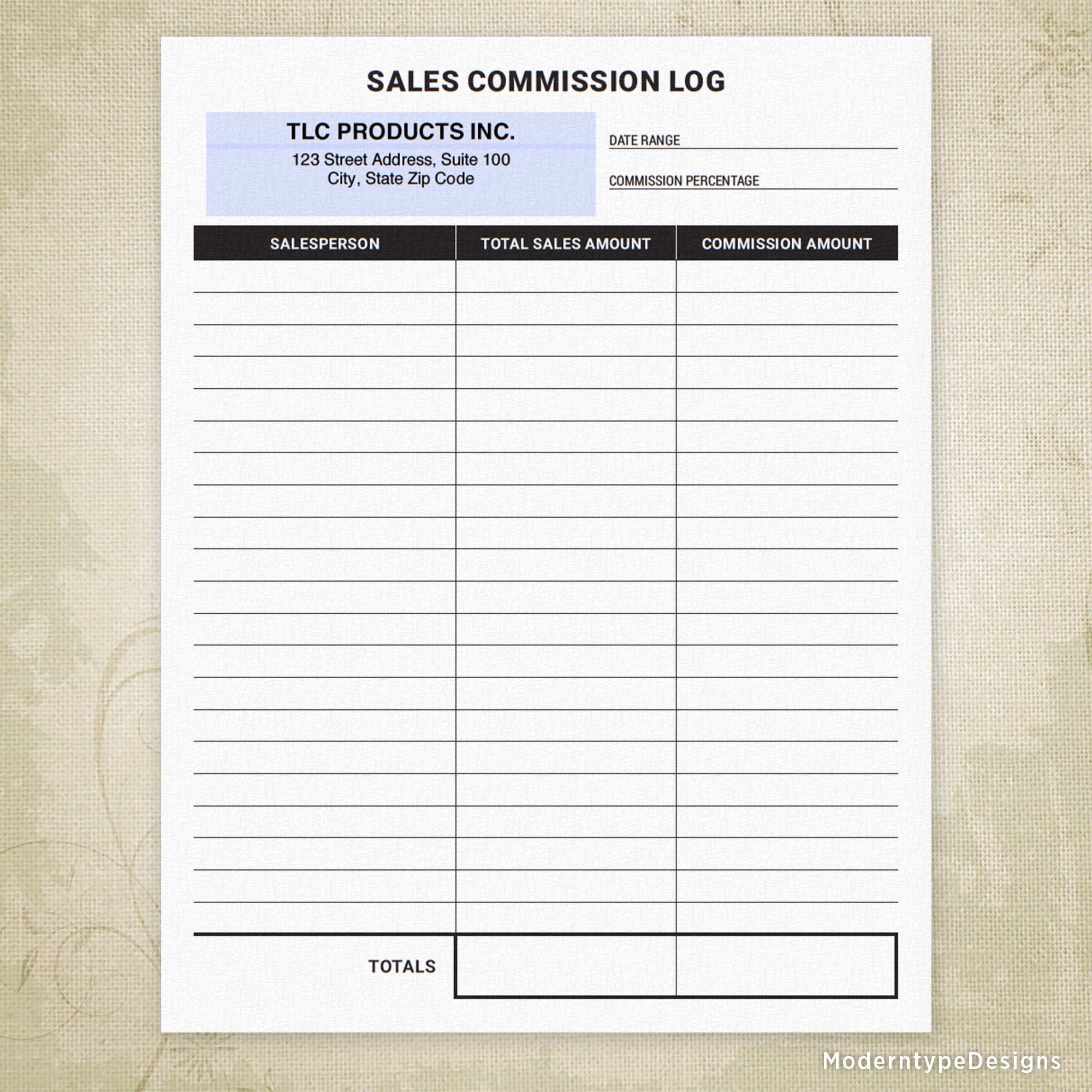 Business Sales Commission Log Printable Form, Personalized