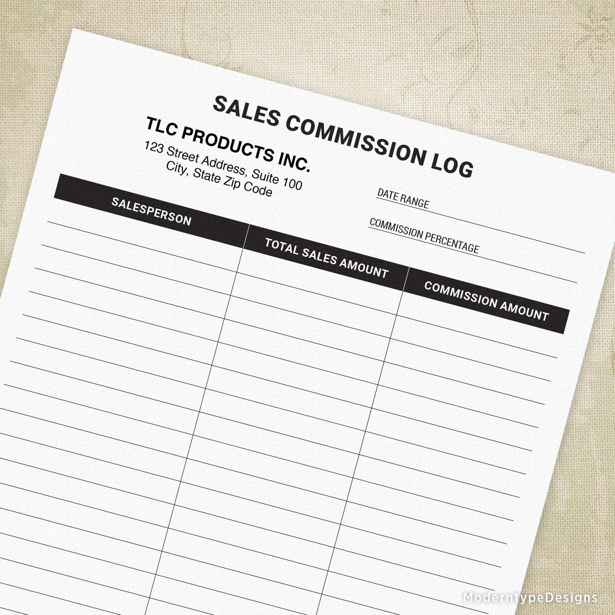 This is a PDF Business Sales Commission Log Printable form with 2 editable fields. This Sales Commission tracker will help you log your salesperson's earnings. Comes with two editable fields to personalize with your company's info. All other information on this form cannot be edited.