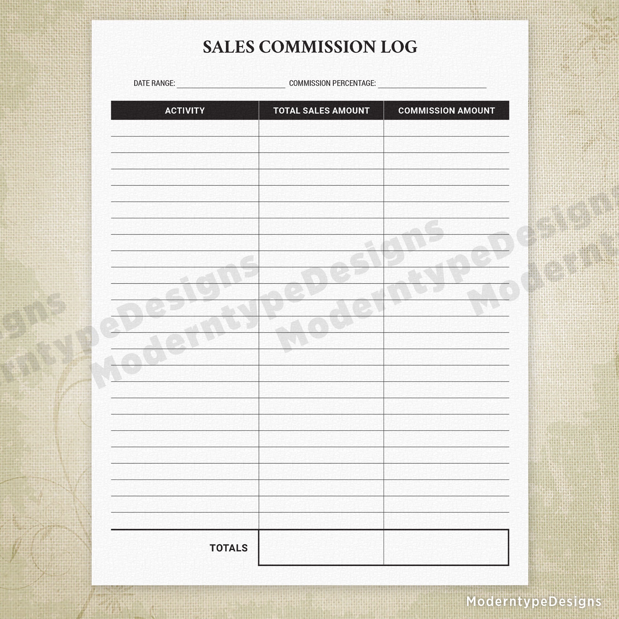 Individual Sales Commission Log Printable Form