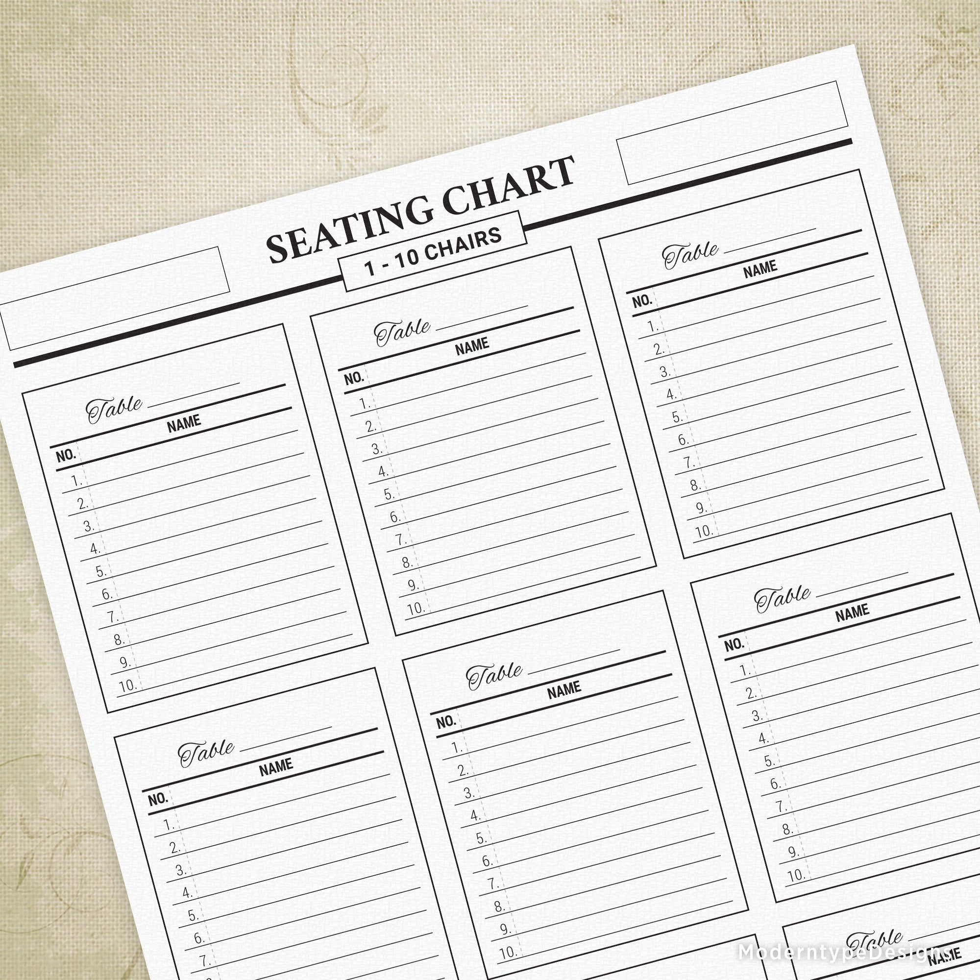 This is a PDF Table Seating Chart Printable with the space to add up to 10 chairs for each table. Each sheet comes with room for 9 tables.