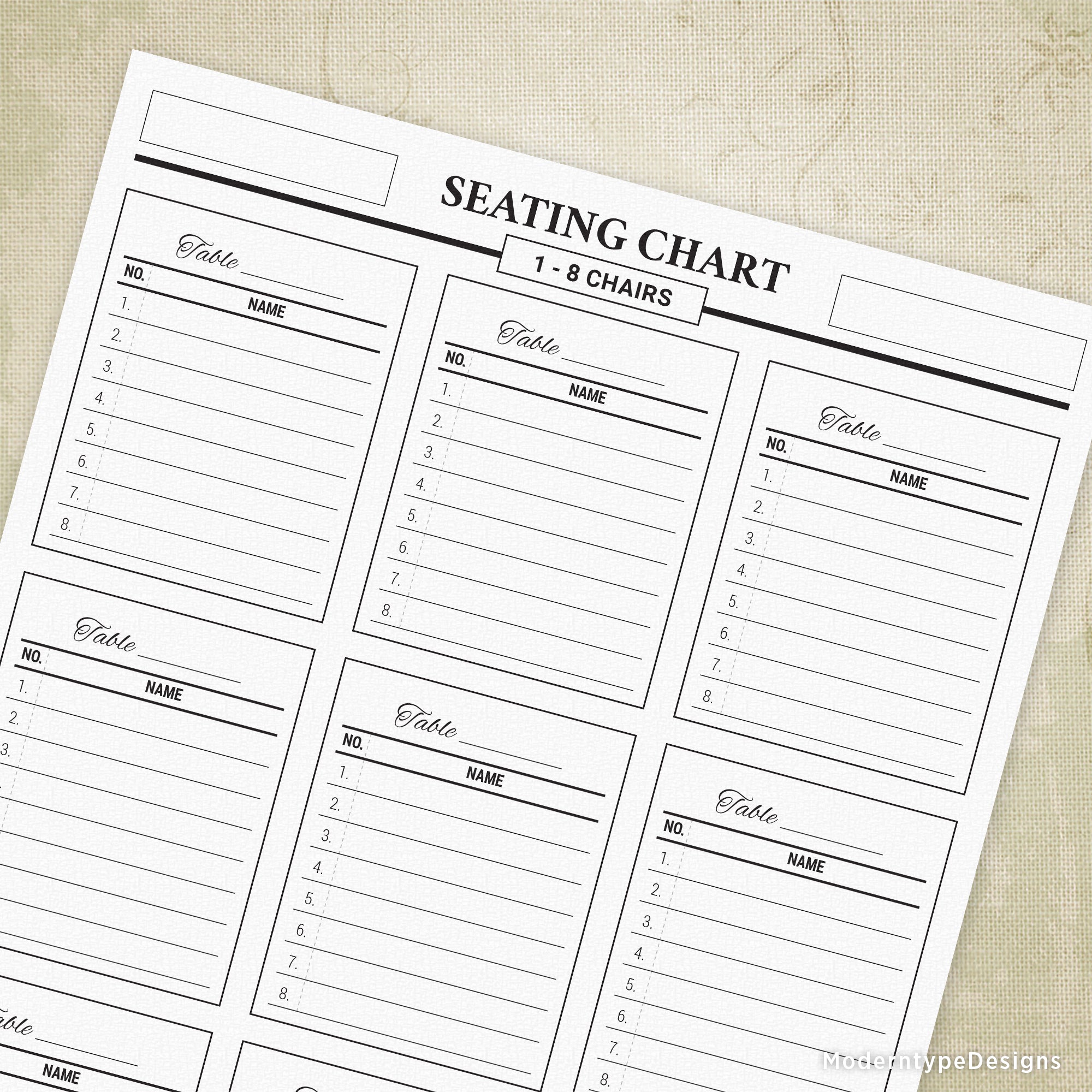 This is a PDF Table Seating Chart Printable with the space to add up to 8 chairs for each table. Each sheet comes with room for 9 tables.