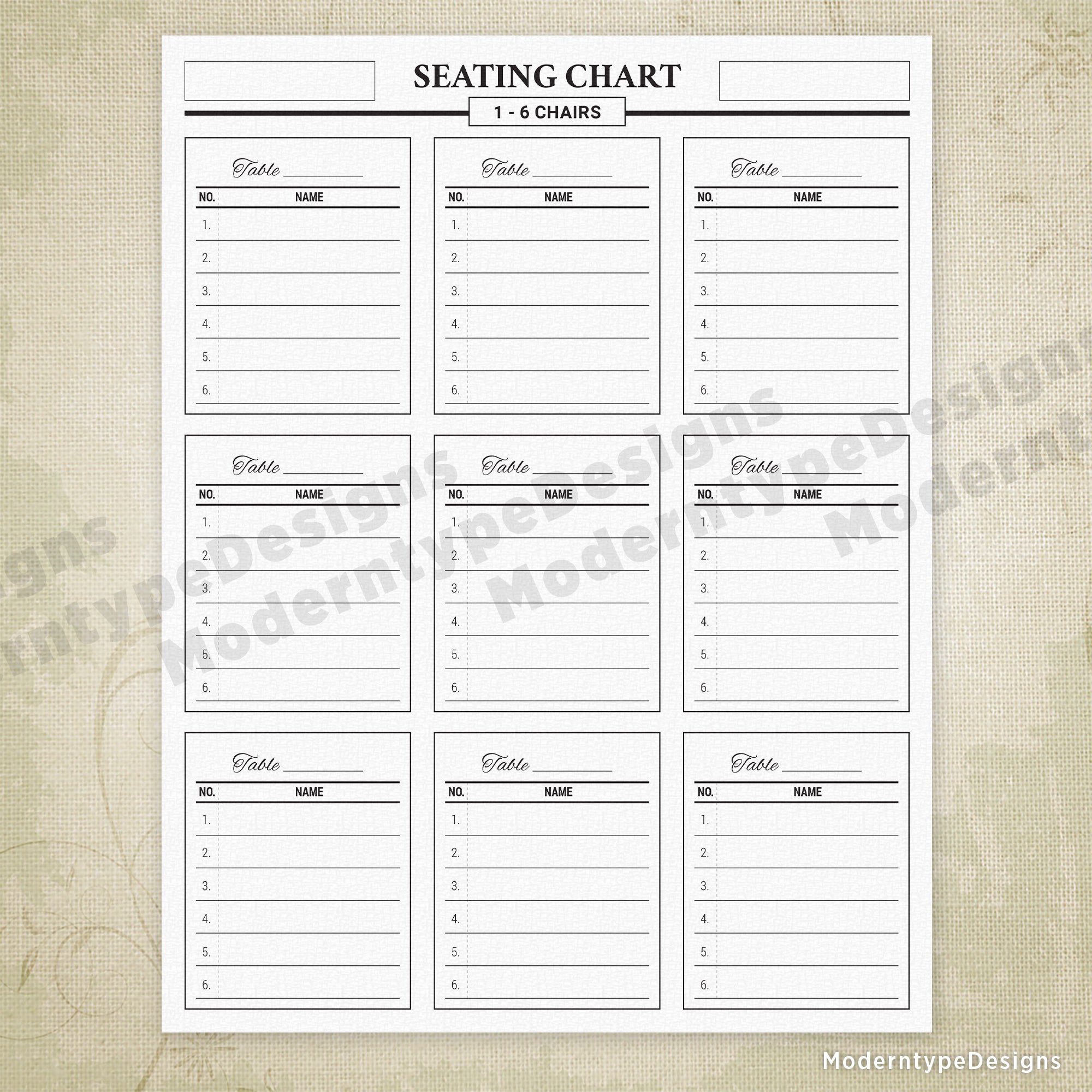 Table Seating Chart Printable, 1-6 Chairs