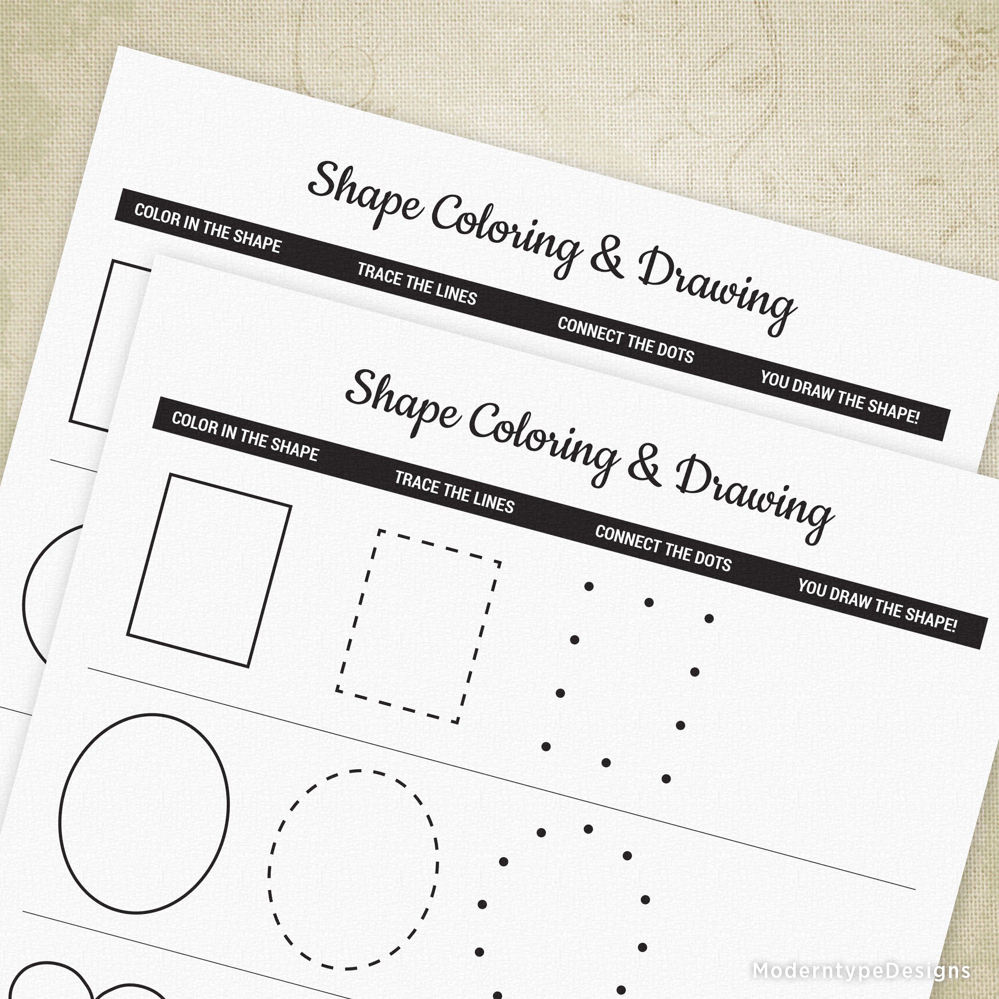 Two printable shape coloring and drawing worksheets laid out on a surface, with various shapes to trace and color.