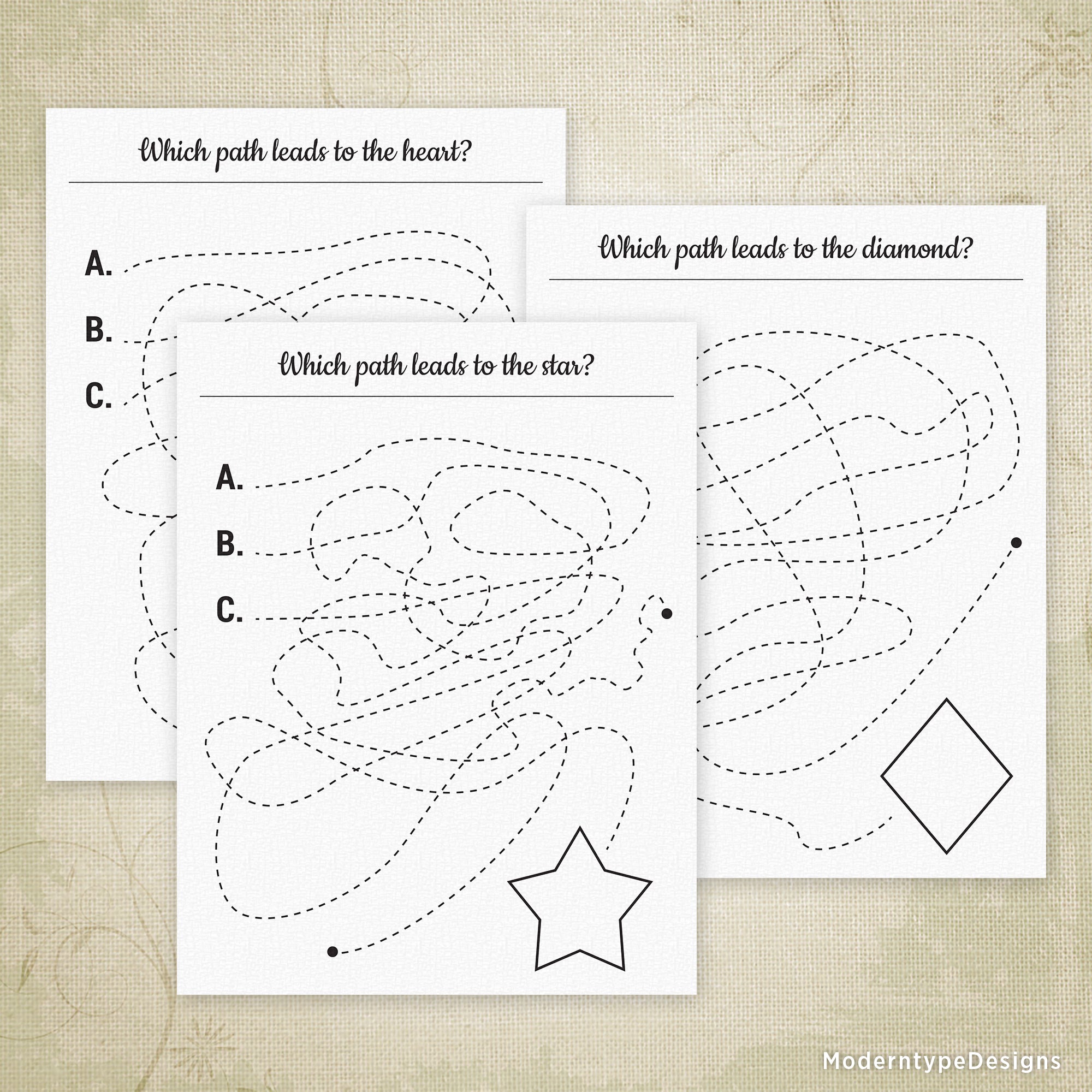 This is a Find the Path to the Shape Printable PDF. The perfect challenge for your young student is to find the correct path that leads to each shape.