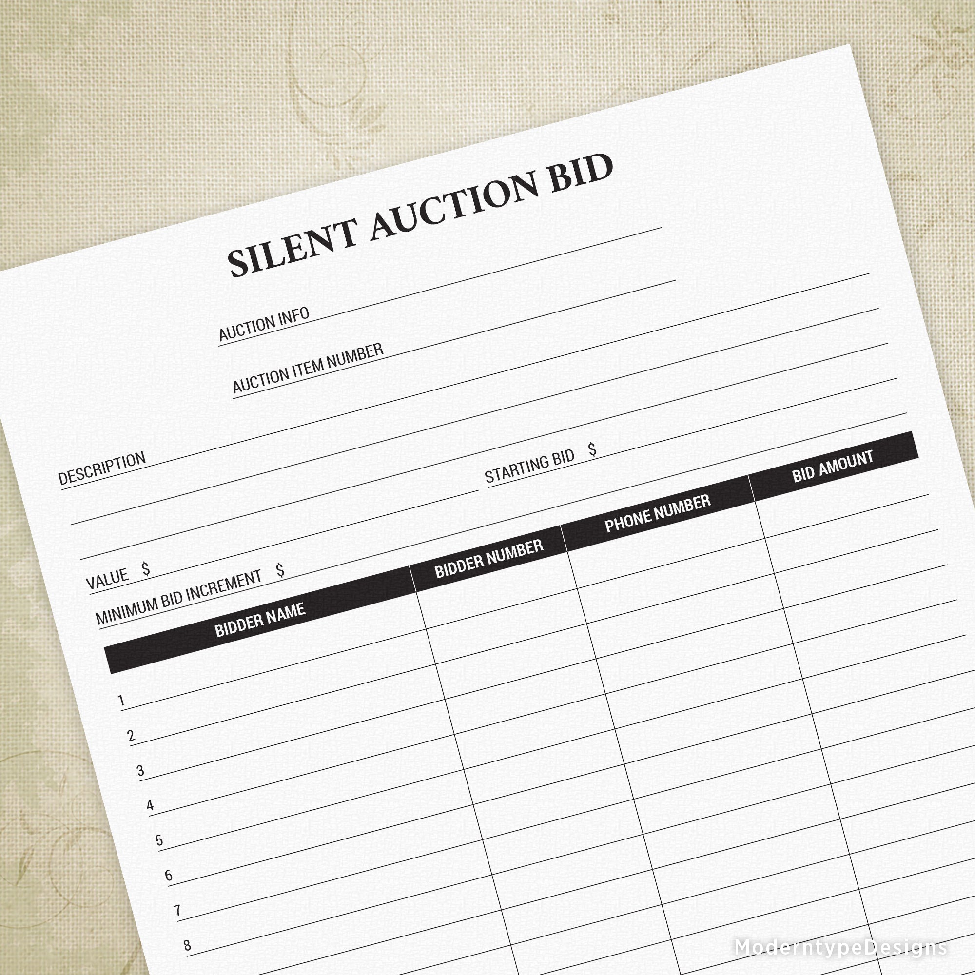silent auction bid sheet