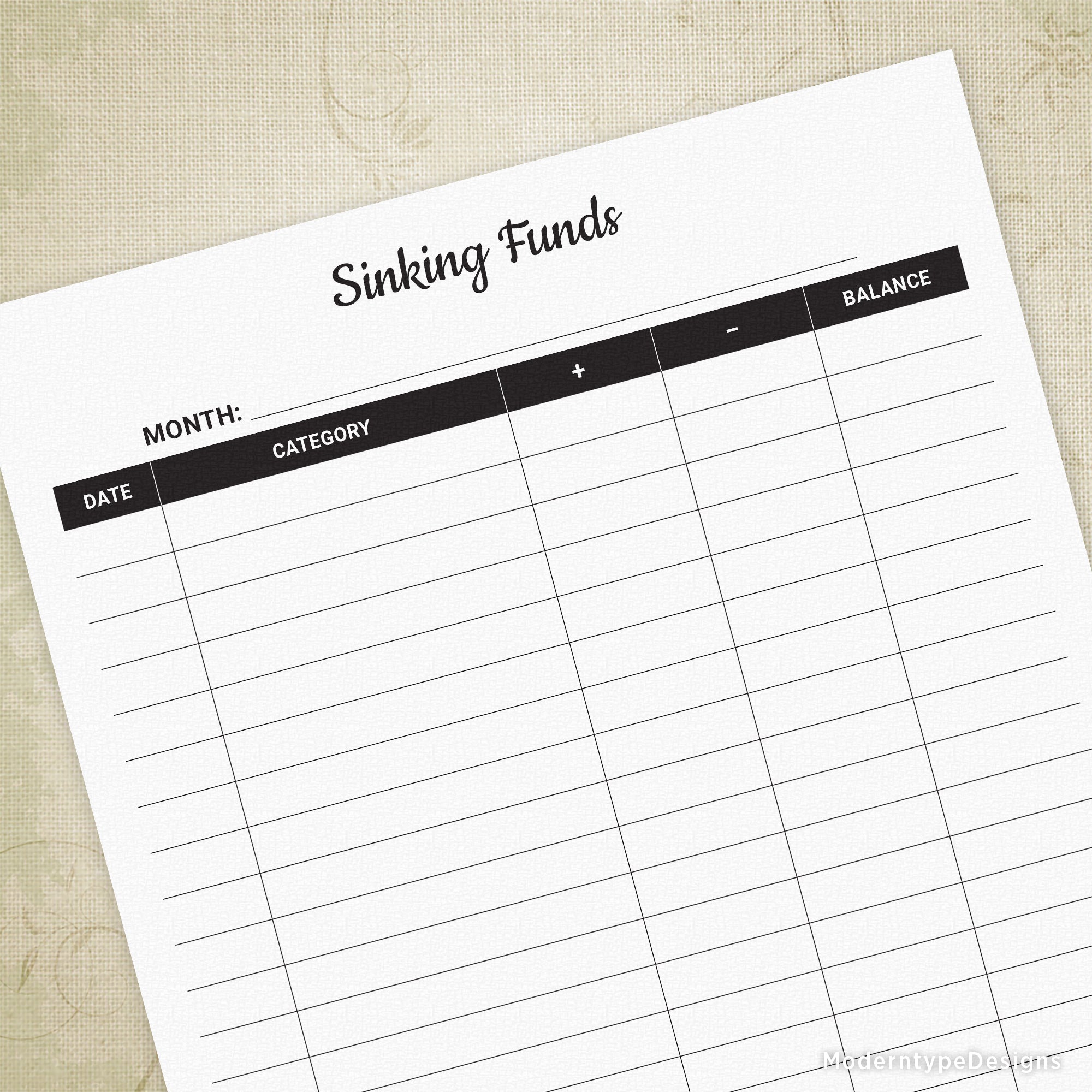This is a PDF Sinking Funds Tracker Printable file. Finally, keep your finances in order and save up for a good cause. At the top of this form is "Sinking Funds", each column header is "Date", "Category", "+", "-", "Balance", and at the bottom is "Total".