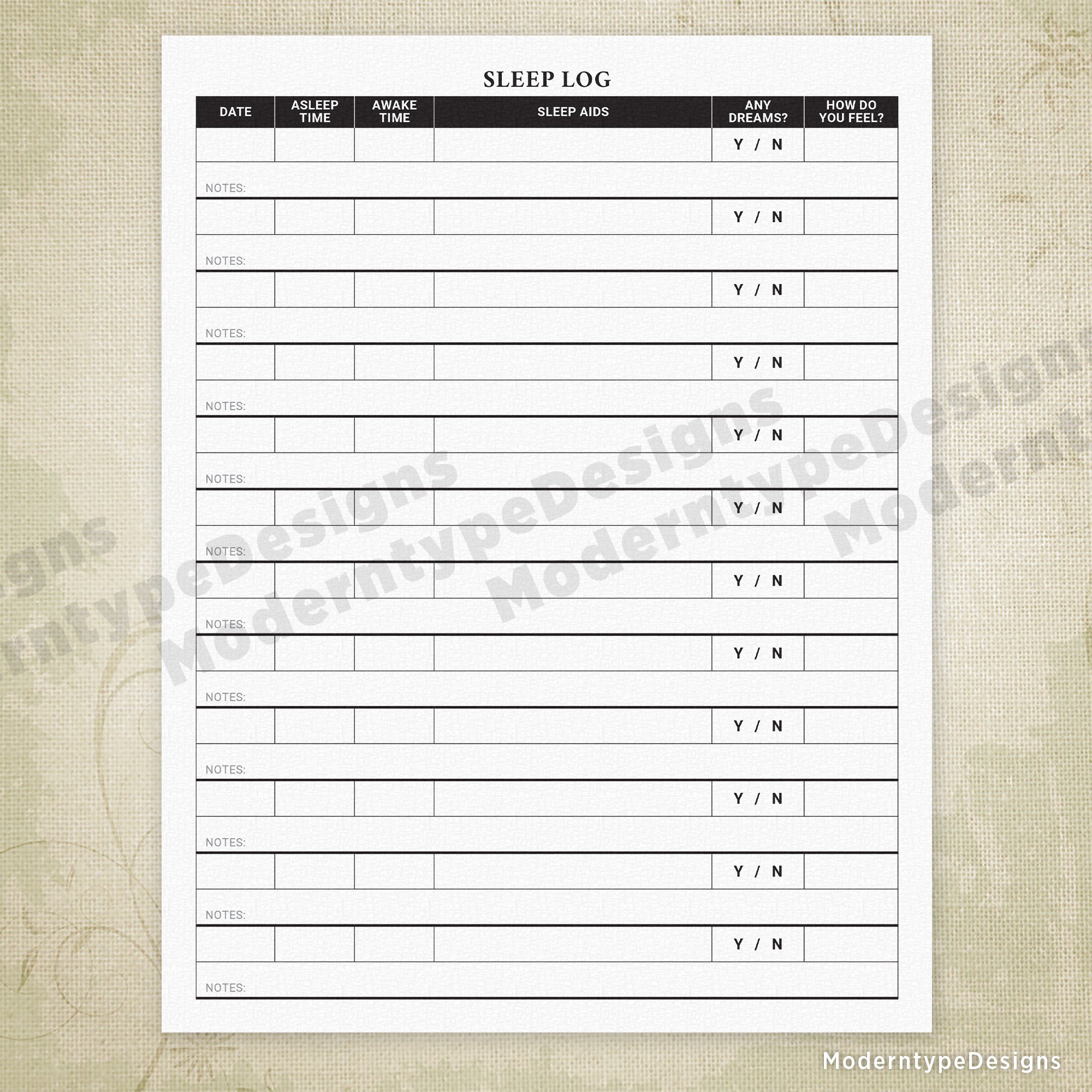 Sleep Log Printable Form