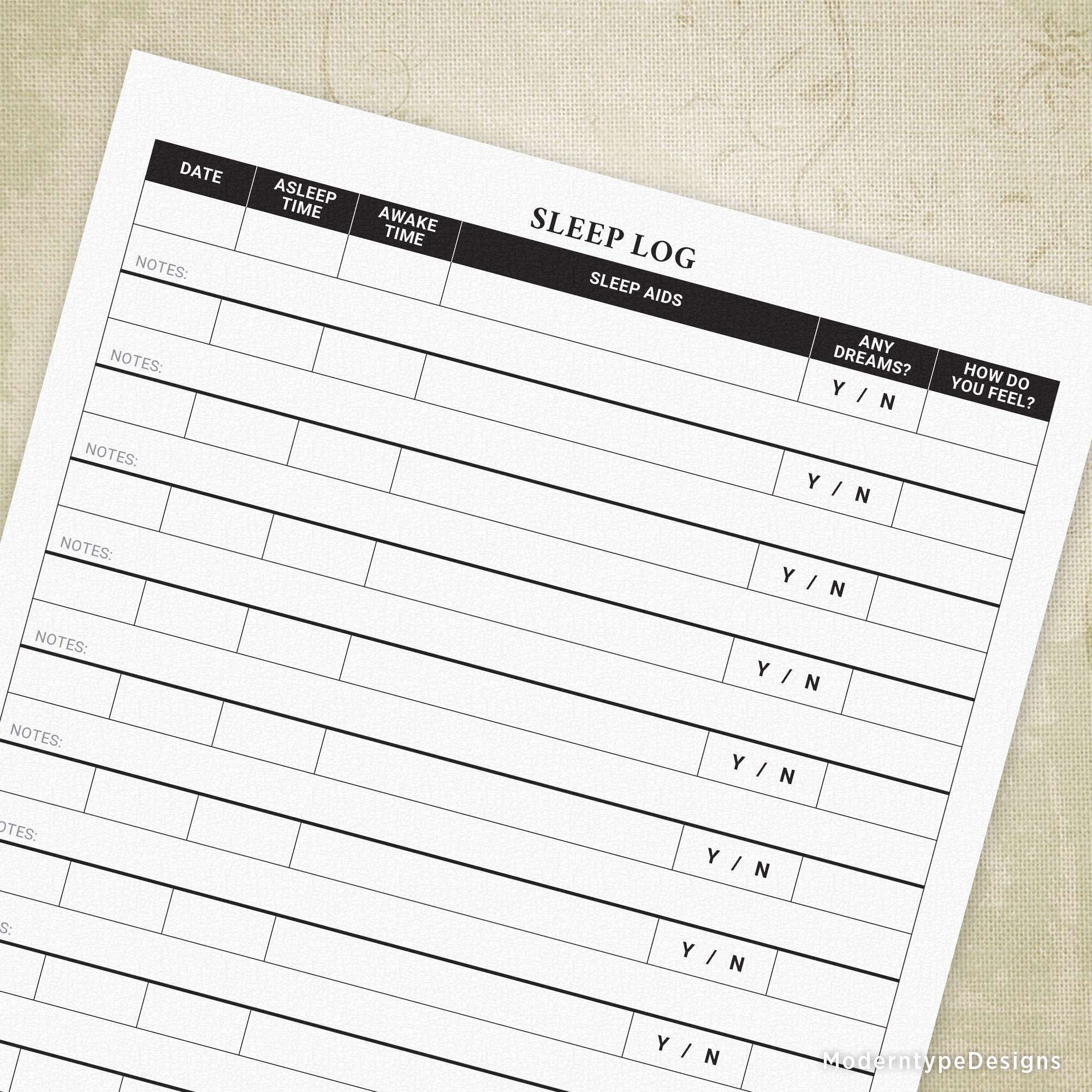 Printable sleep log form with sections for date, time, sleep duration, and notes.