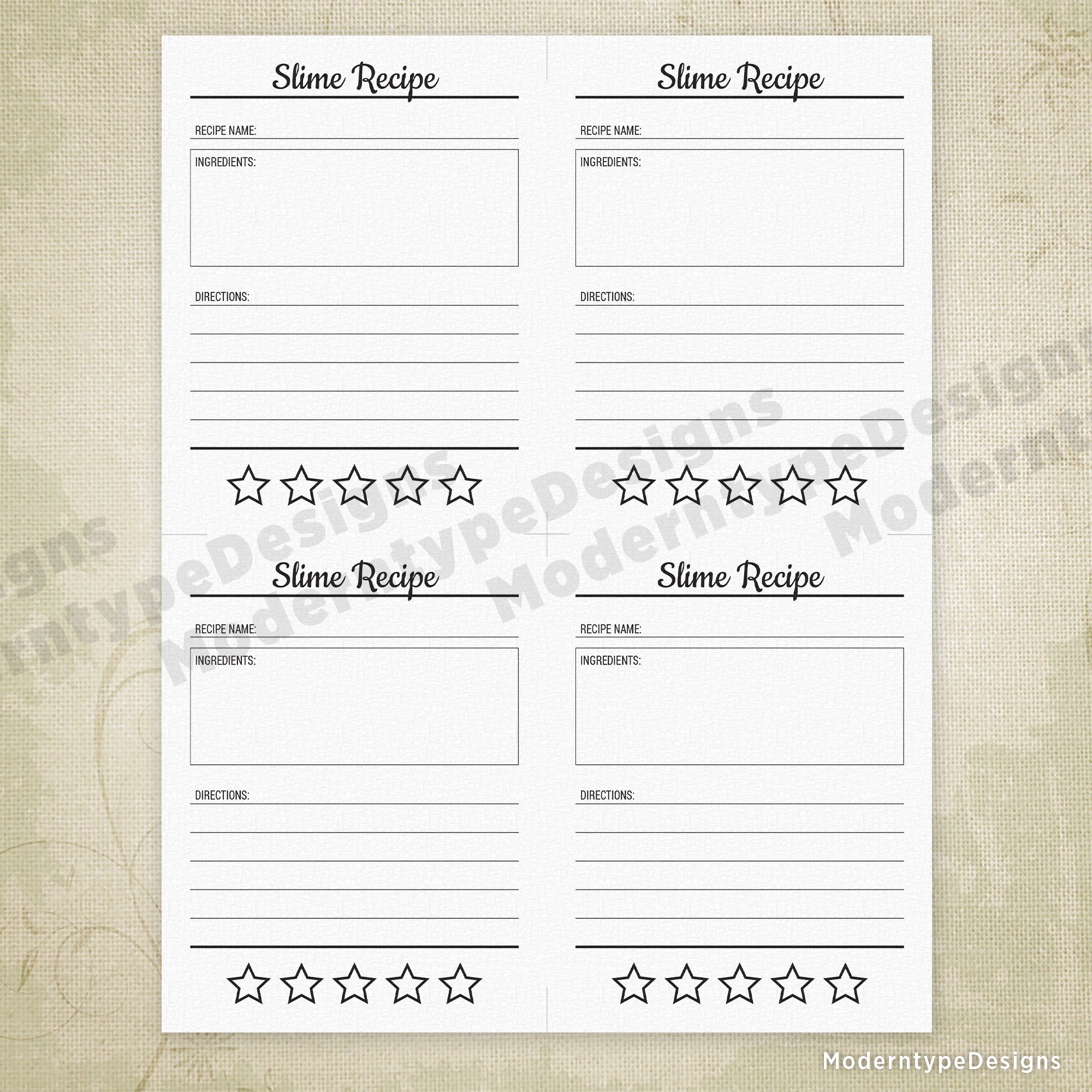 Slime Recipes Printable, 4.25 x 5.5"