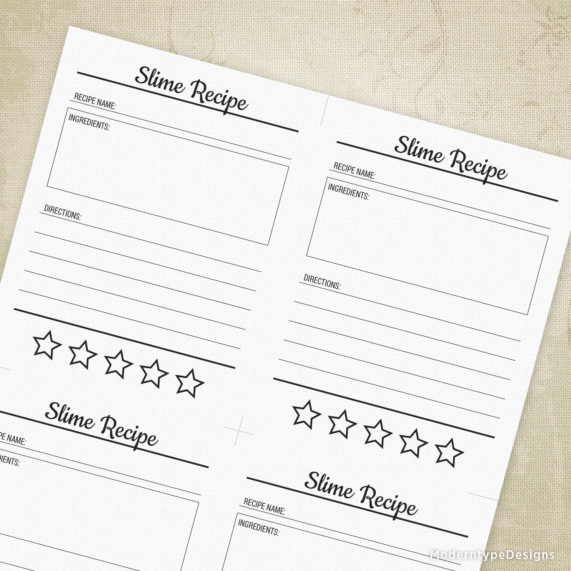 This is a Favorite Slime Recipes Printable PDF. 4 are positioned on an 8.5 x 11" sized sheet to get the most out of your printer. This recipe planner also comes with 5 stars at the bottom so your child can rate each slime recipe.