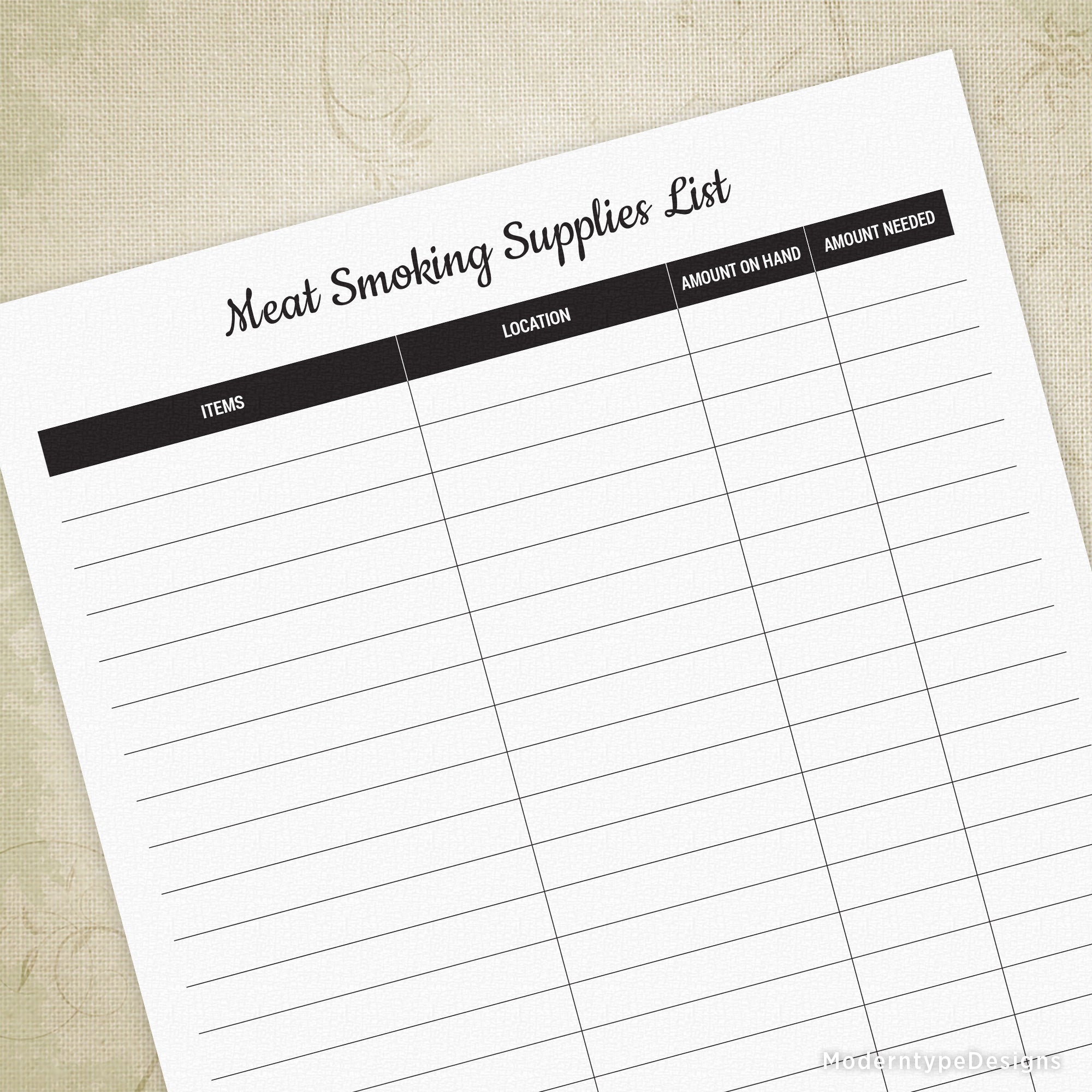Printable Meat Smoking Supplies List with sections for Meat, Smoking Chips, and Food, on a background that is not part of the list.