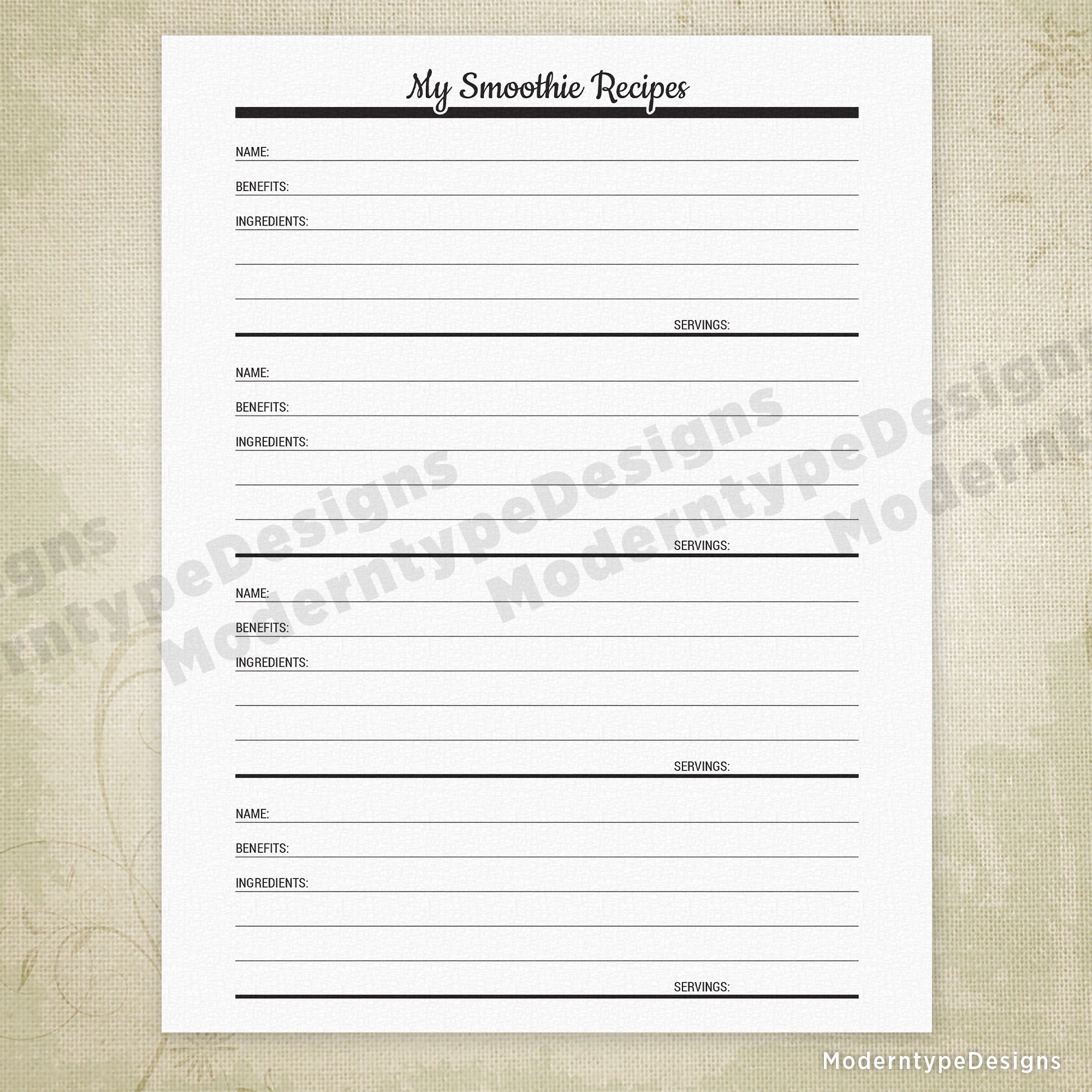 Smoothie Recipe Planner Printable