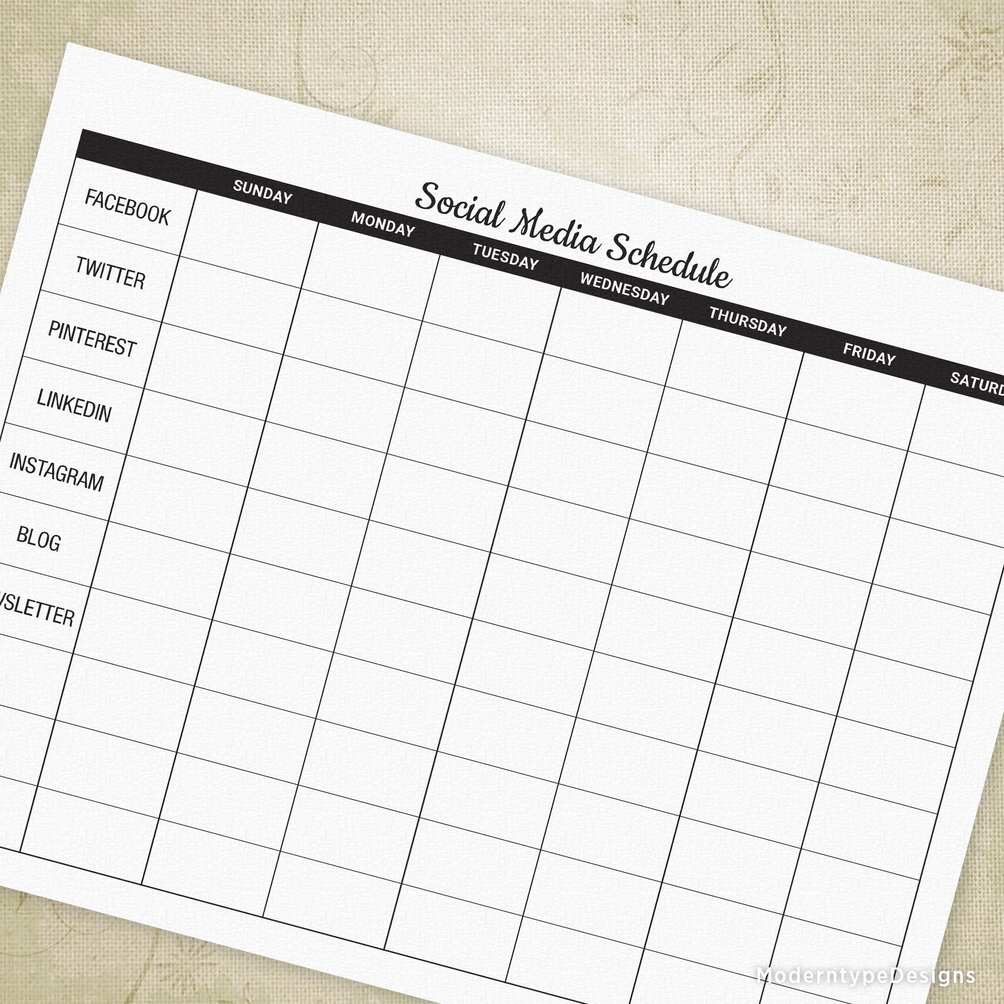 A printable social media planner form with sections for Facebook, Instagram, and Twitter, along with a schedule for weekly posting.