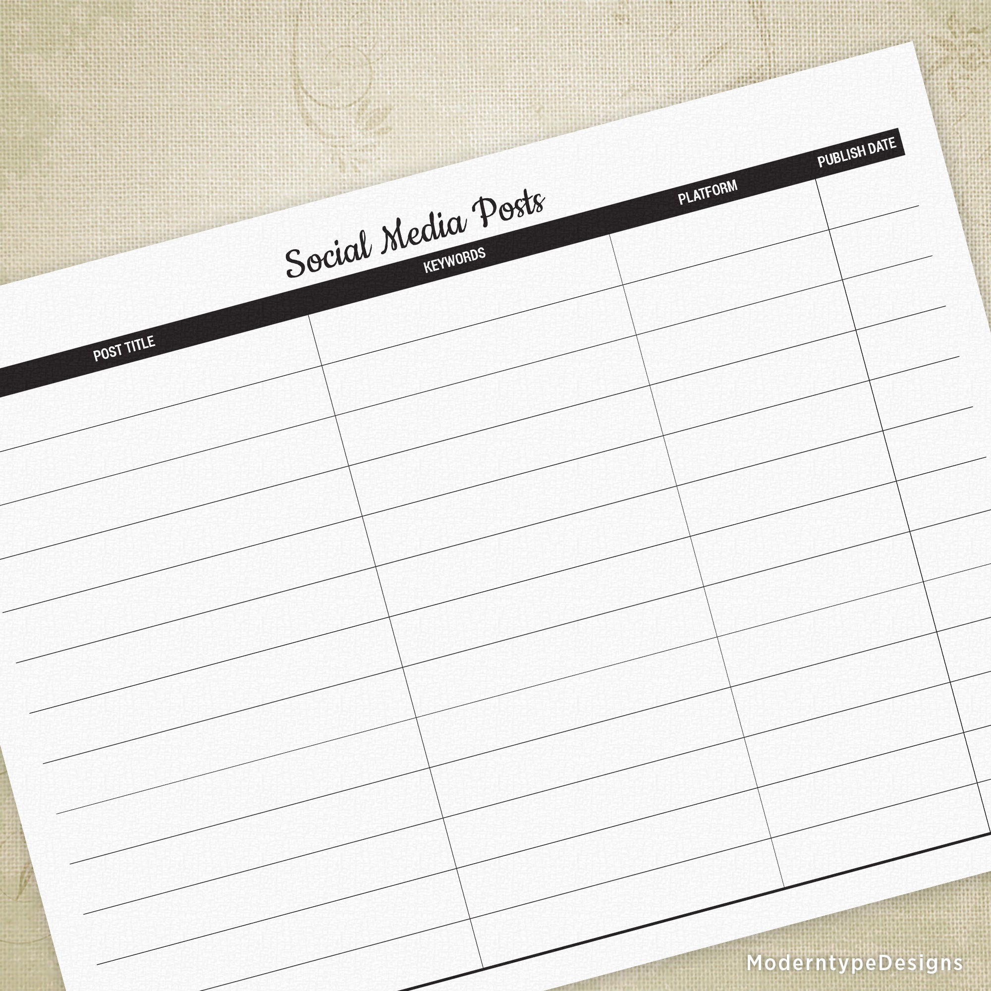 A printable social media posts form with black content and white margins on a beige background.