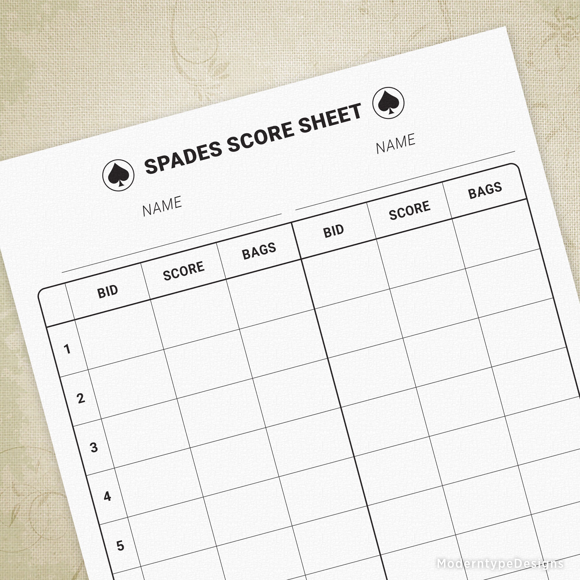 This is for a traditional spades scoring sheet printable PDF.
