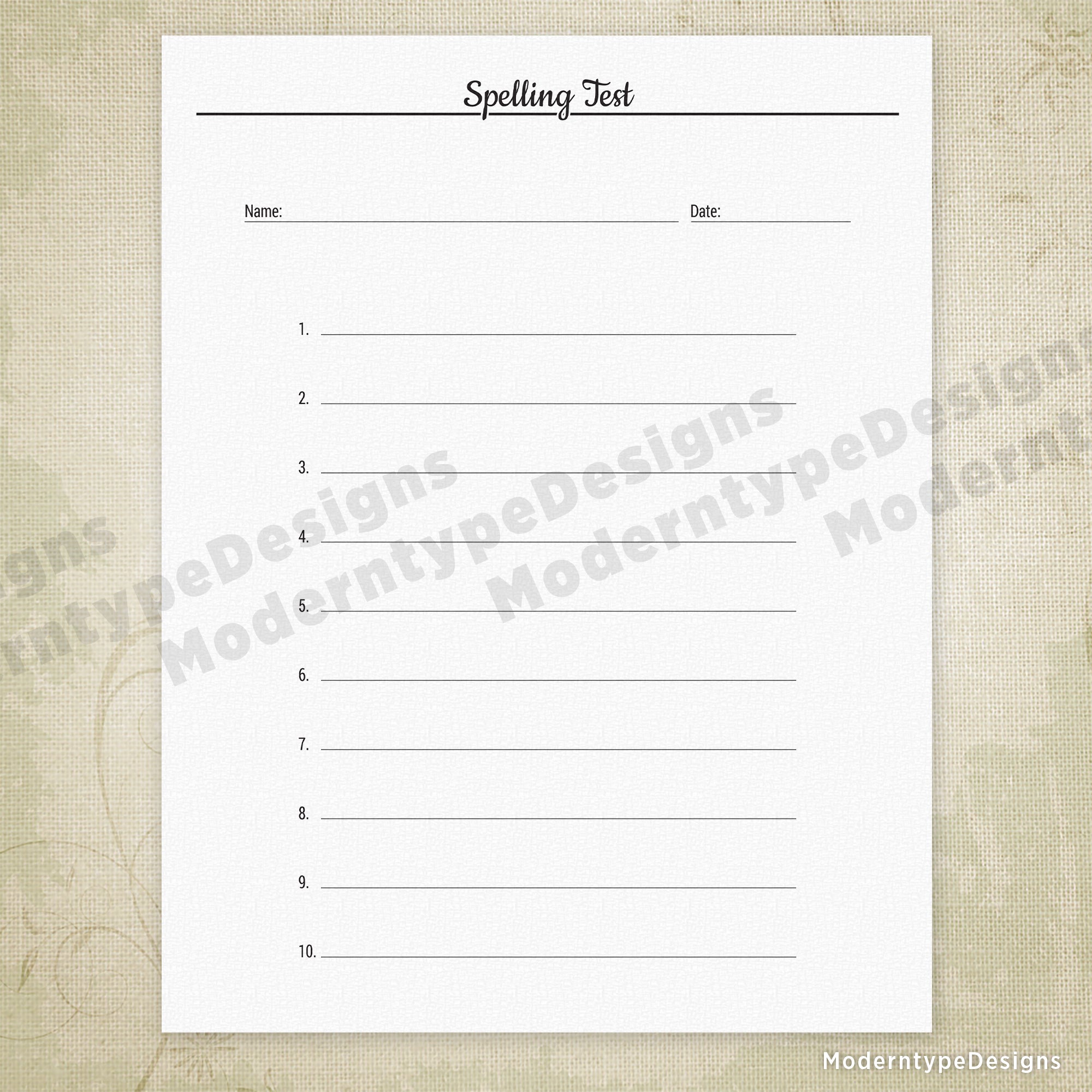 Spelling Test Printable, 10 Lines