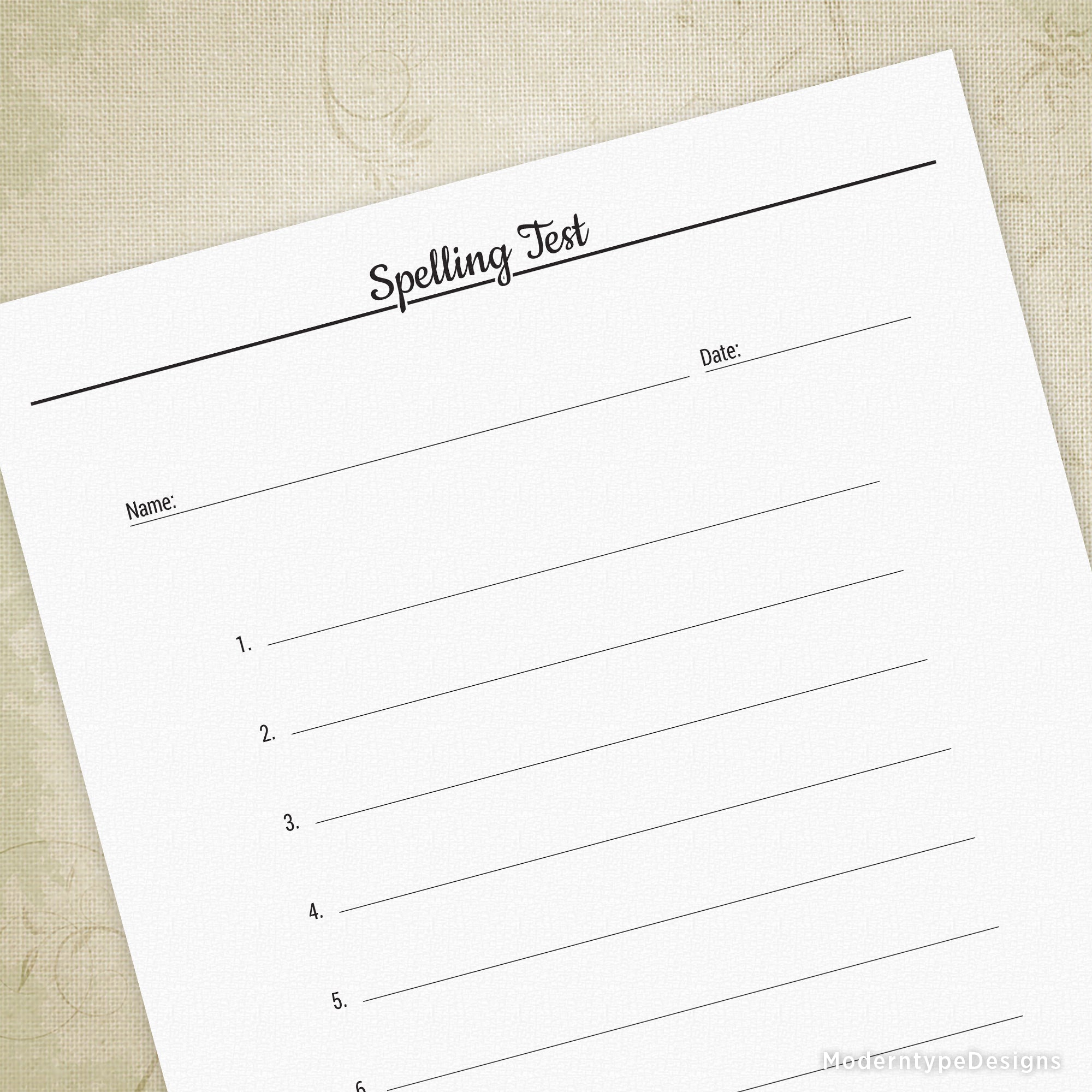 A printable spelling test with 10 numbered lines, titled 'Spelling Test' and spaces for name and date at the top.