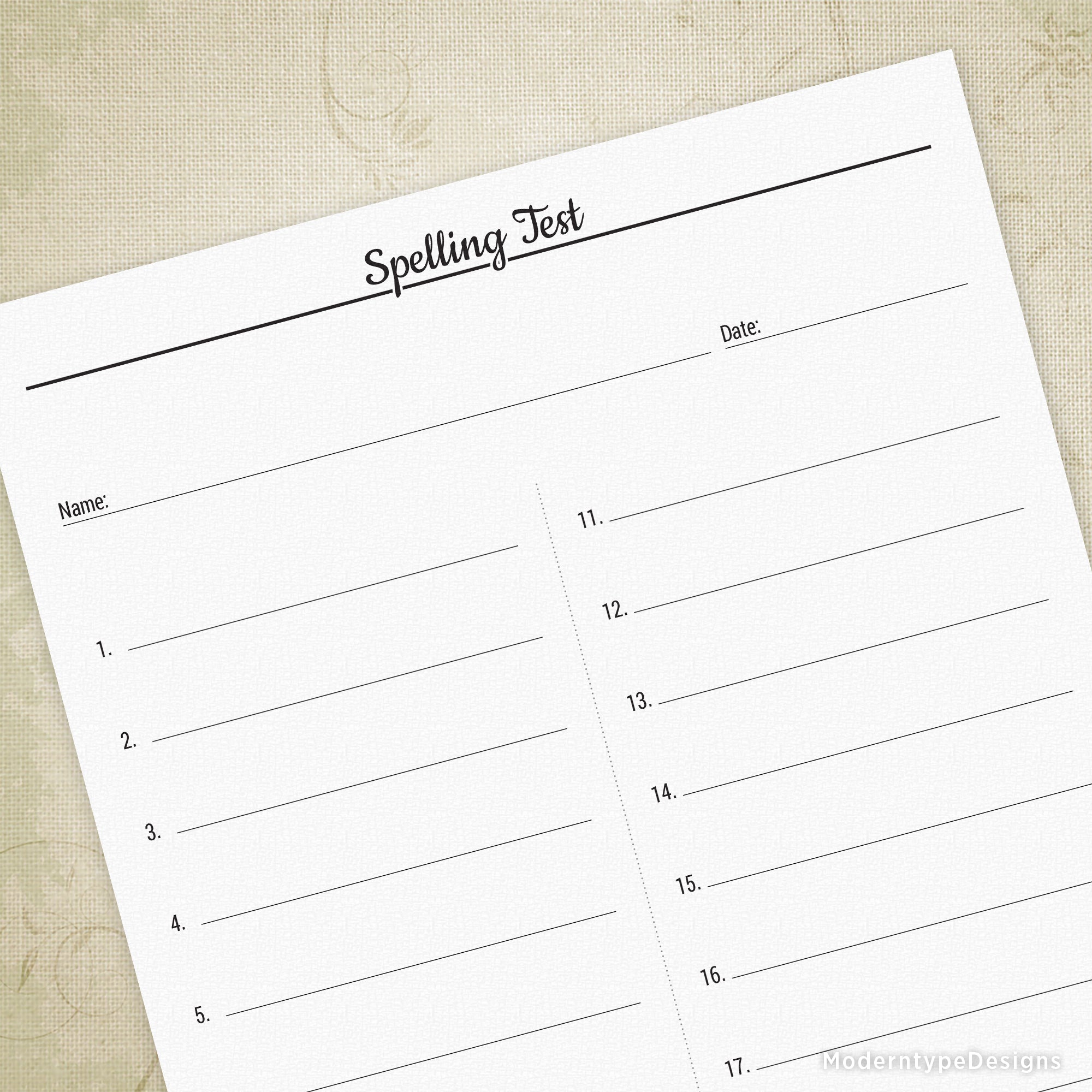A printable spelling test with numbered lines and spaces for name and date at the top, on a beige background.