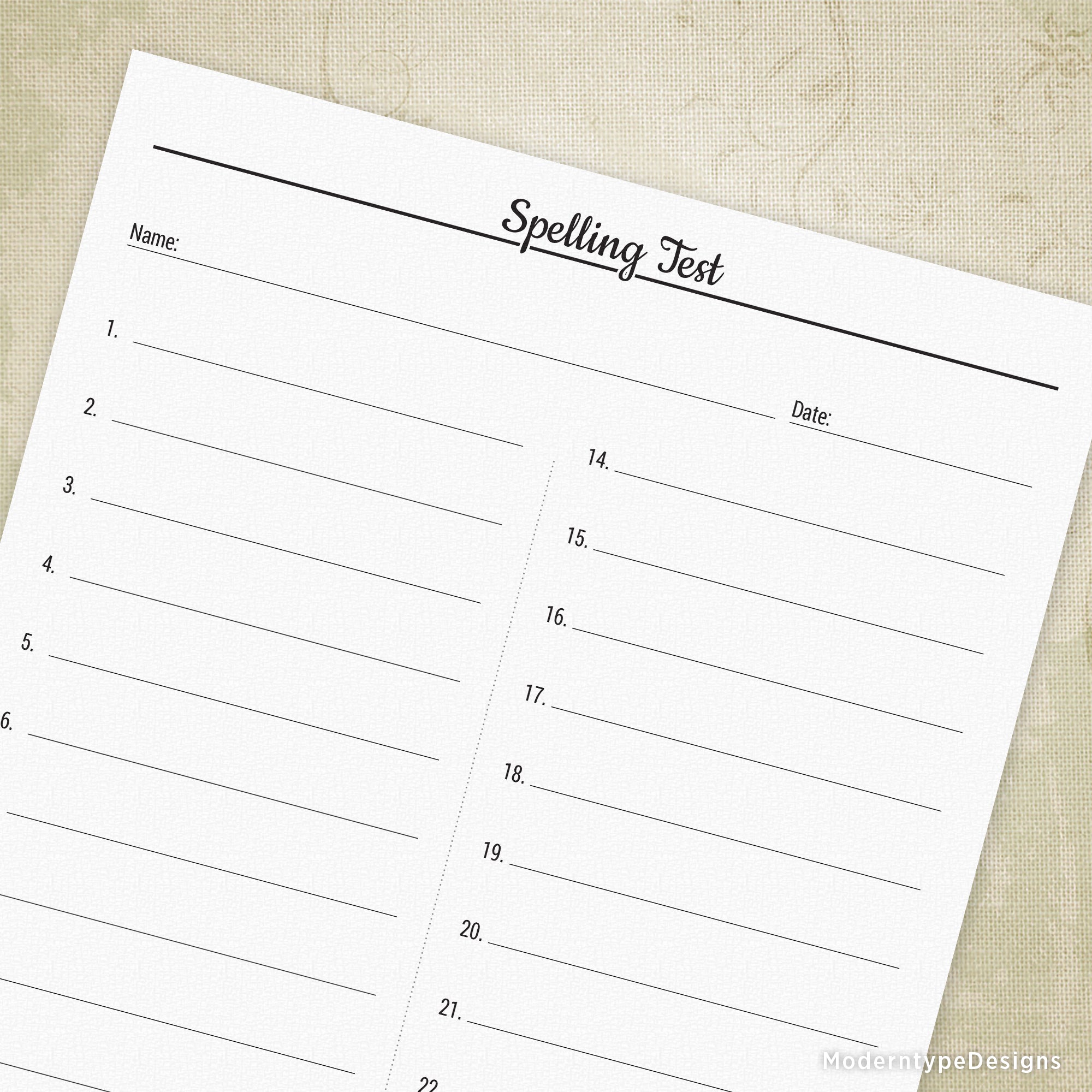 This is a PDF Spelling Test Printable with 25 numbered lines. Included at the top is an area for name and date.
