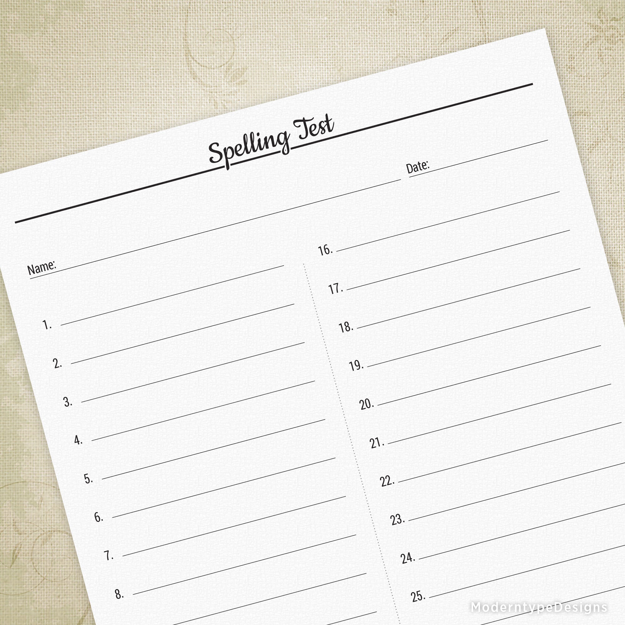 Printable spelling test with numbered lines and spaces for name and date at the top.
