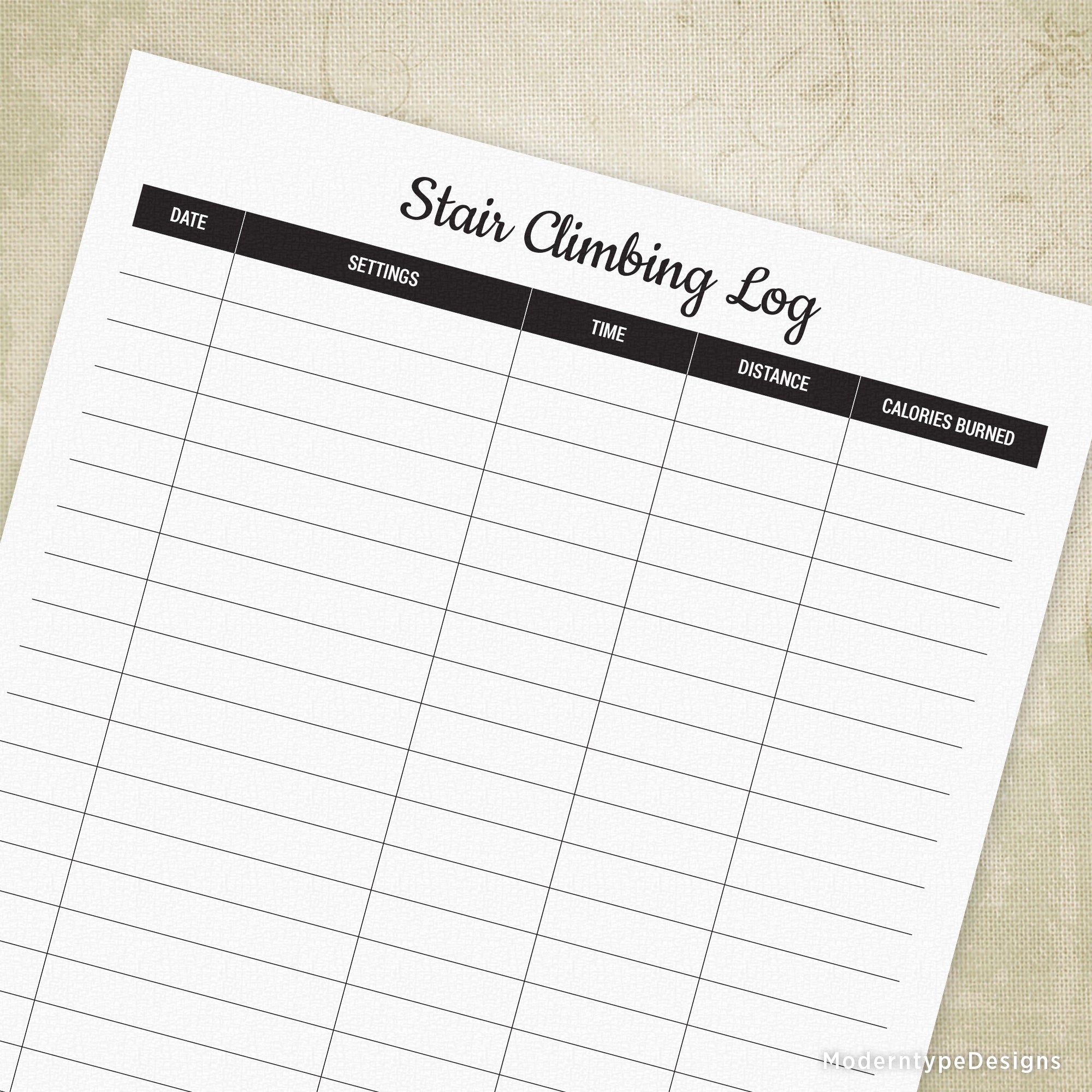 This PDF is a Stair Climbing Machine Log. Track your dates, machine settings, time, distance, and calories burned.