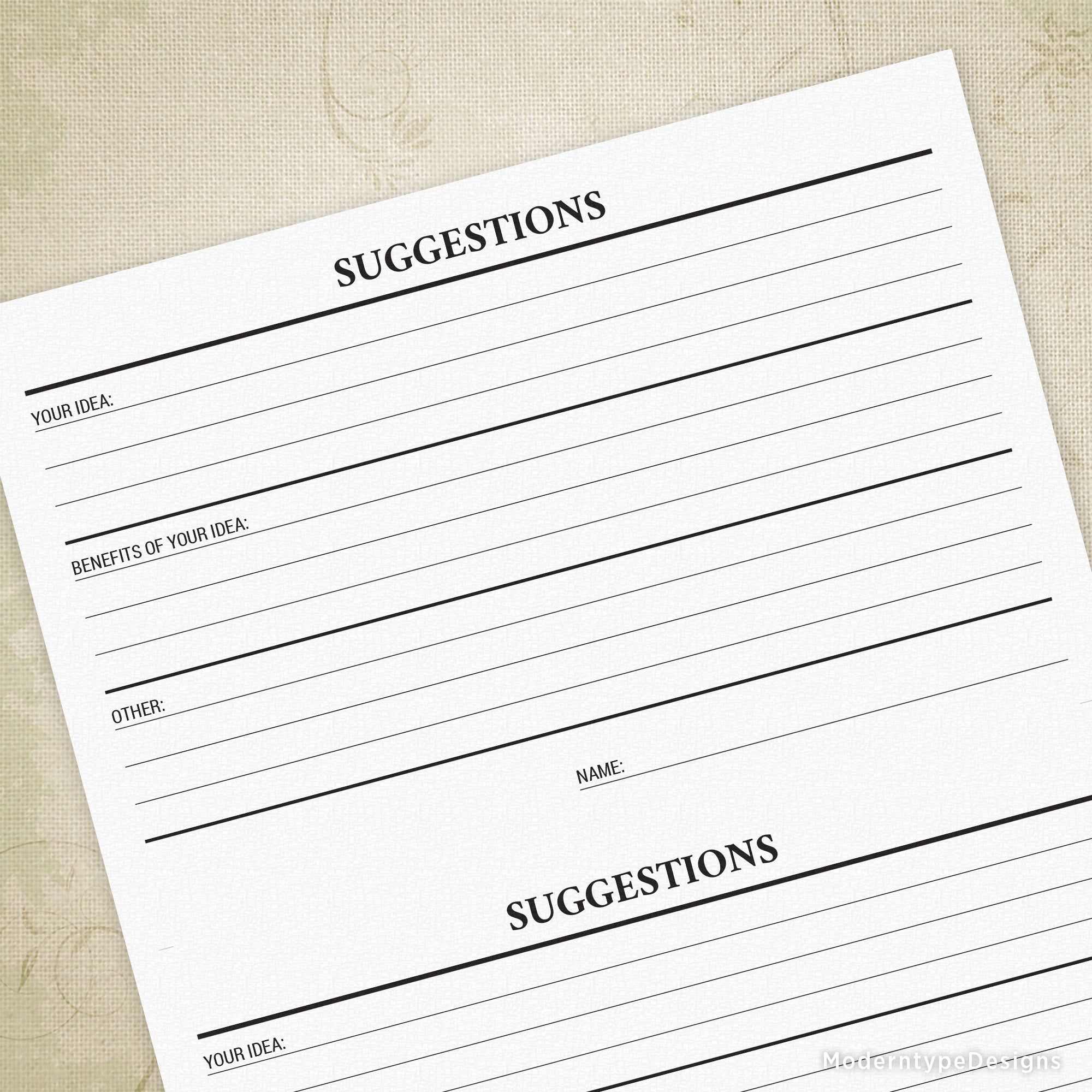 Ask your employees for help with this Suggestions Form Printable PDF. Two are on a sheet and all you have to do is cut across the middle - trim marks are included! Then all you have to do is create your suggestion box to insert them in to.